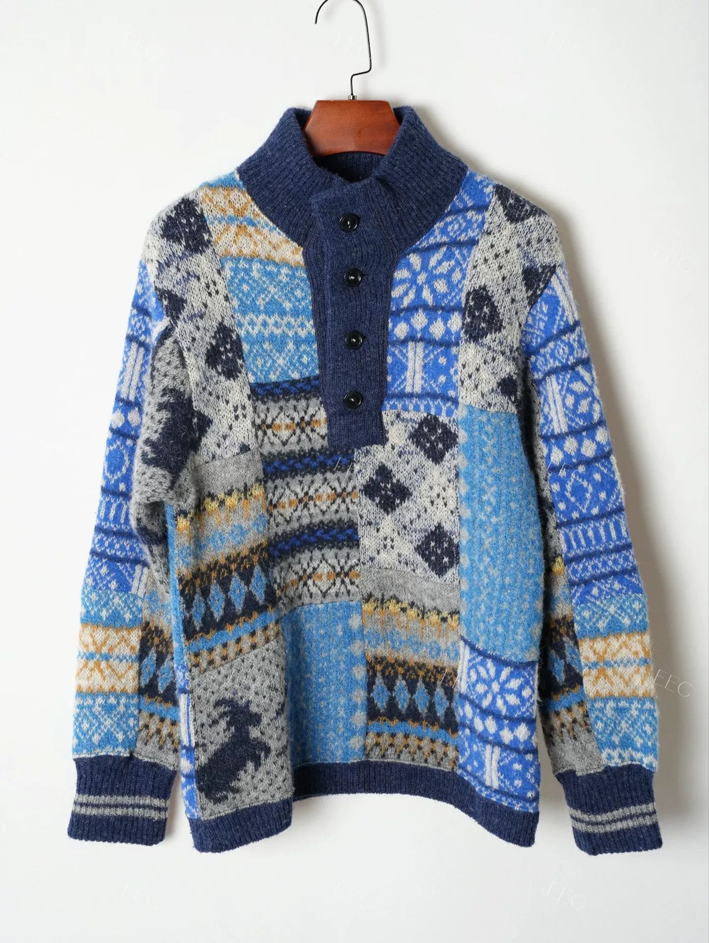 45rpm Blue Patchwork Wool Sweater Jacket Size US M / EU 48-50 / 2 - 2 Thumbnail