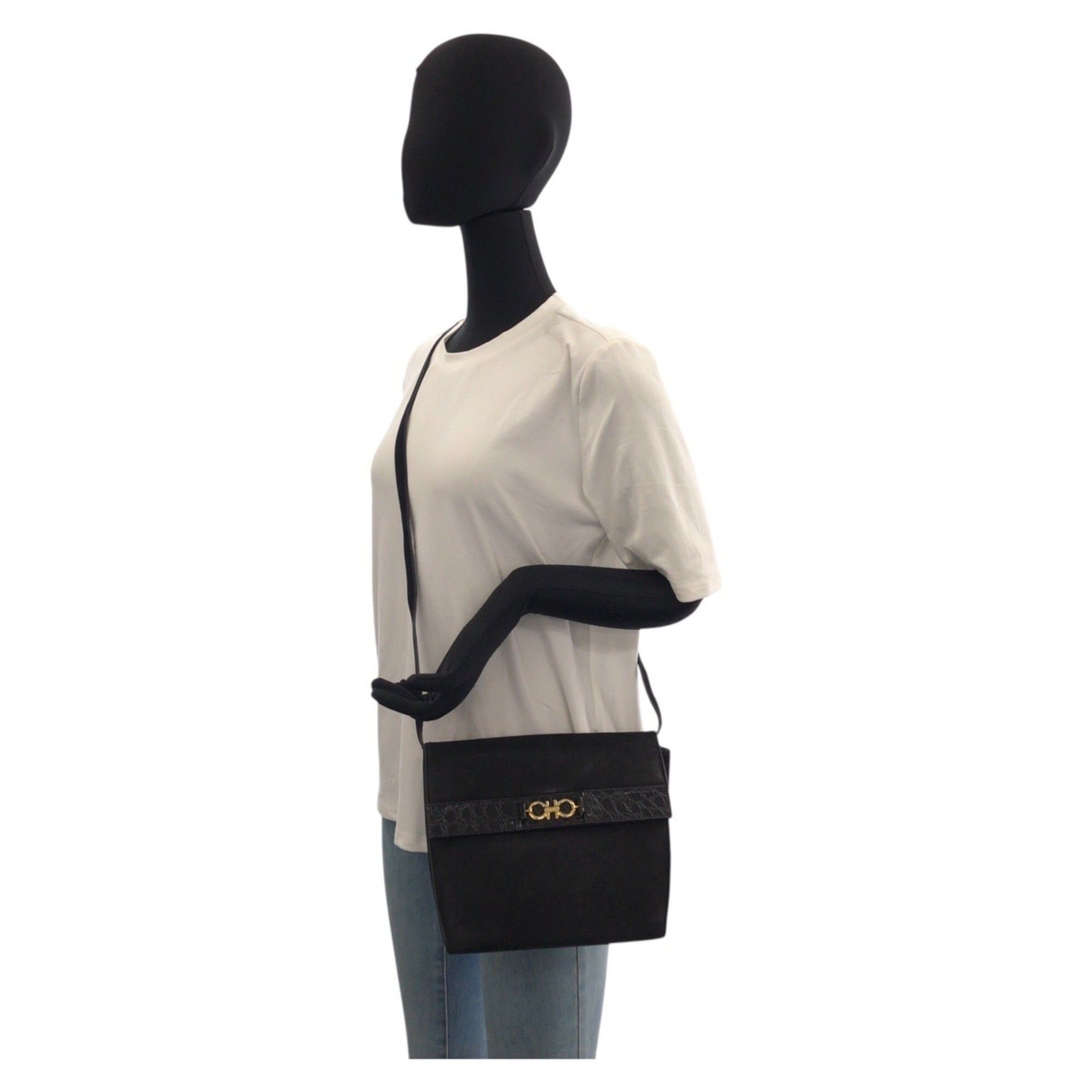 Salvatore Ferragamo Salvatore Ferragamo Gancini Embossed Black Suede Shoulder Bag with Gold Hardware, BA213648, Women's Size ONE SIZE - 6 Thumbnail