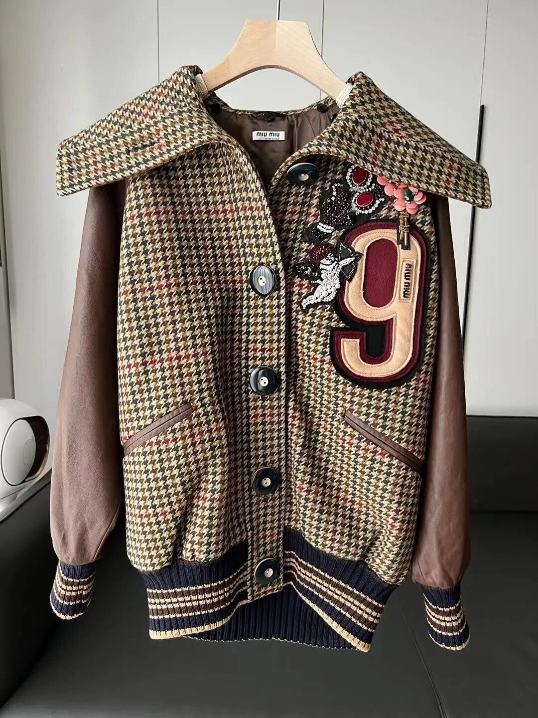 Miu Miu Miu Miu Houndstooth Leather Trim Long Coat Size XS / US 0-2 / IT 36-38 - 3 Thumbnail