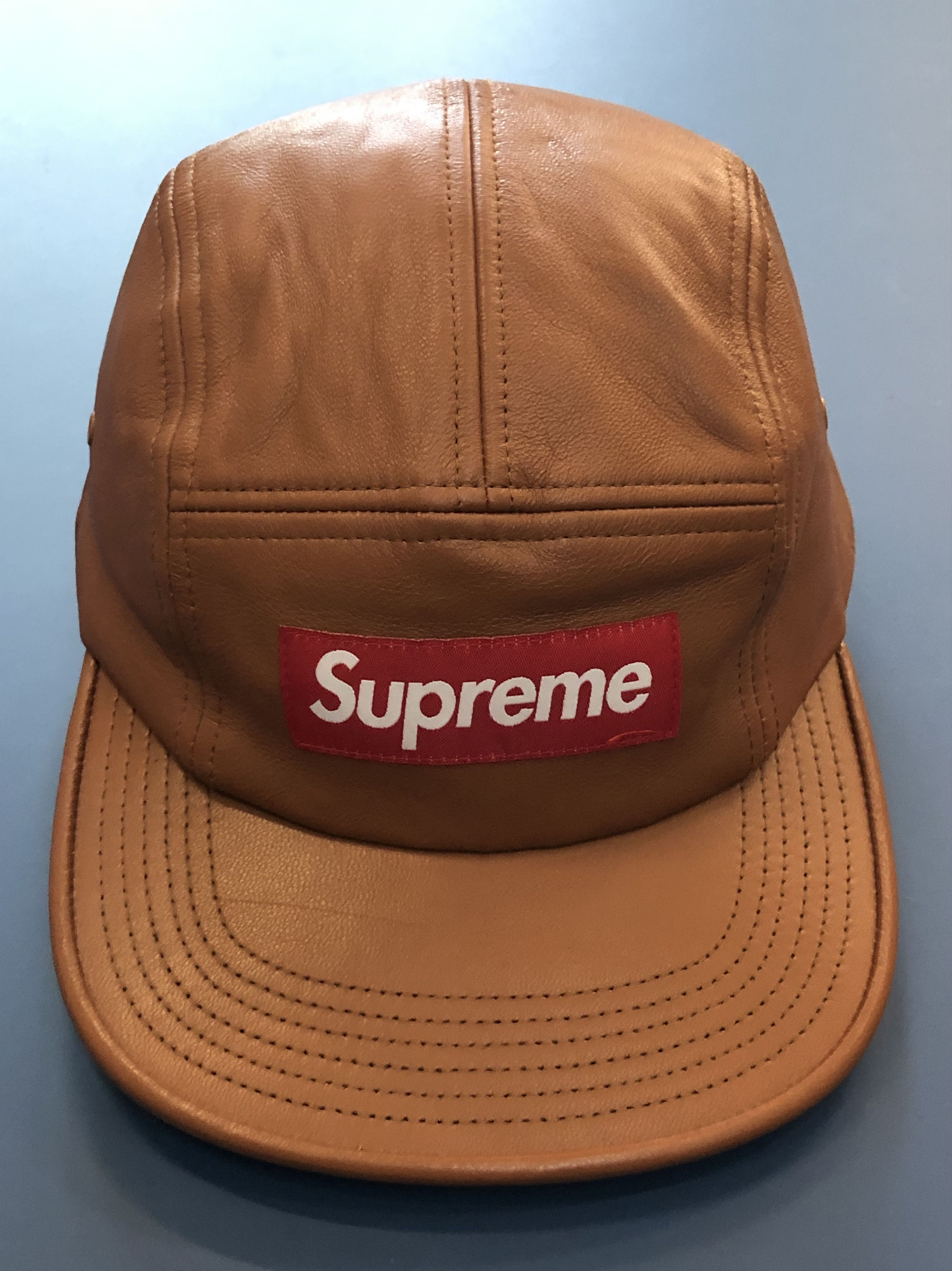 Classic Black Leather Supreme Camp Box Logo Cap for Sale in