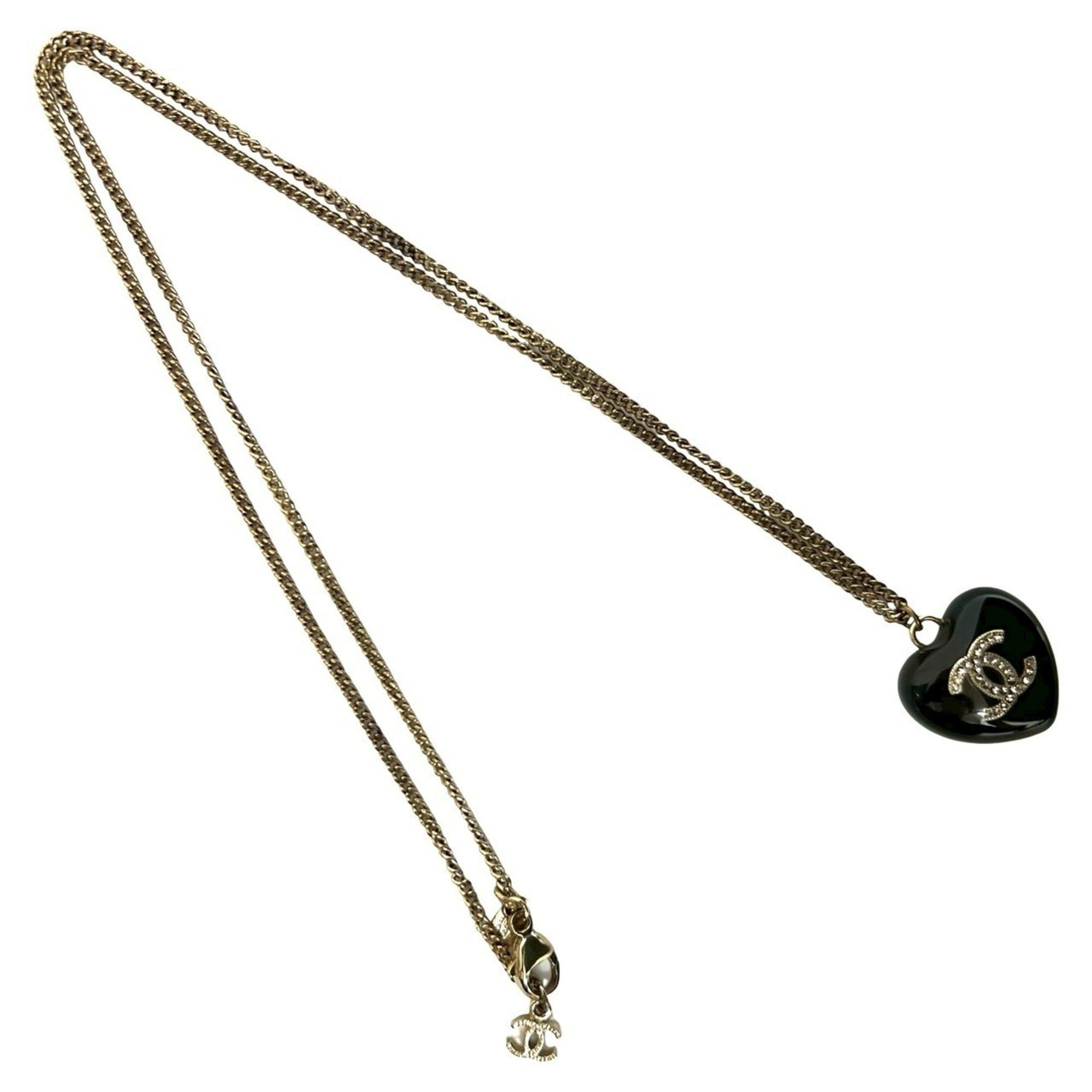 Chanel CHANEL Coco Mark Heart Motif Plastic Rhinestone GP Necklace, Black, 02800 Size ONE SIZE - 4 Thumbnail