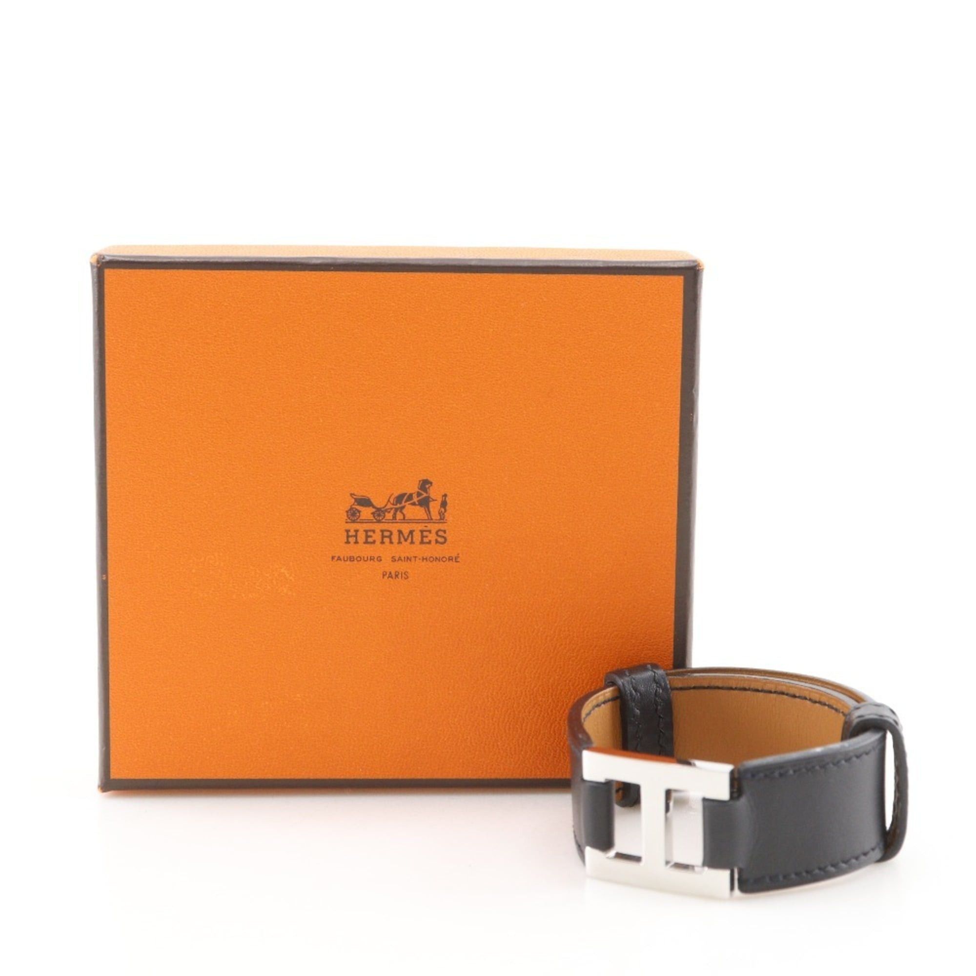 Hermes Hermes Hermès H logo bangle bracelet, Vau Chamonix, 2005, black with silver hardware, approximately 17g, logo, unisex Size ONE SIZE - 8 Thumbnail