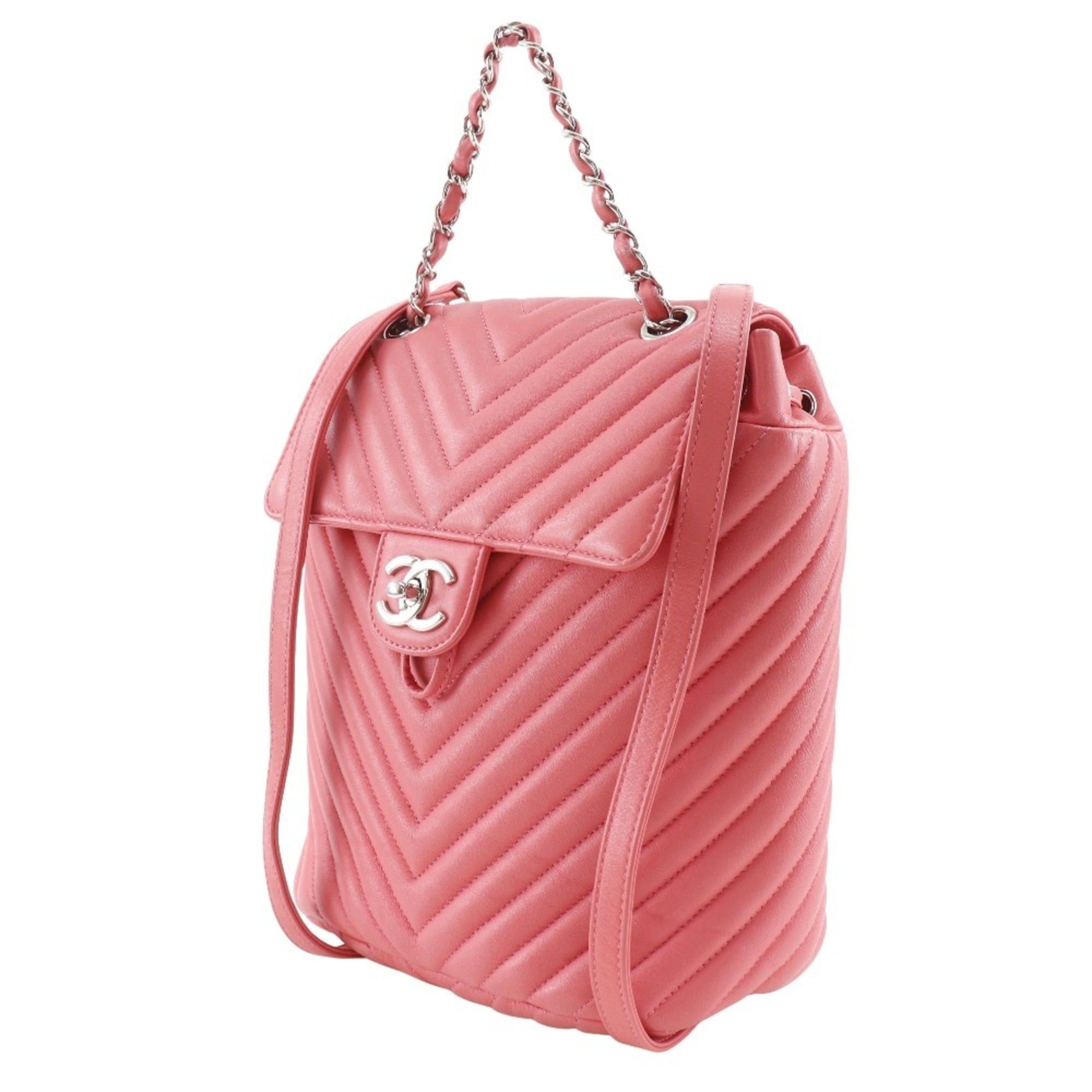 Chanel CHANEL Chevron Backpack/Daypack, V-Stitch Chain Backpack A91121, Lambskin Pink, 2-Way, A5, Turn Lock, Chevron, Women's Size ONE SIZE - 2 Thumbnail
