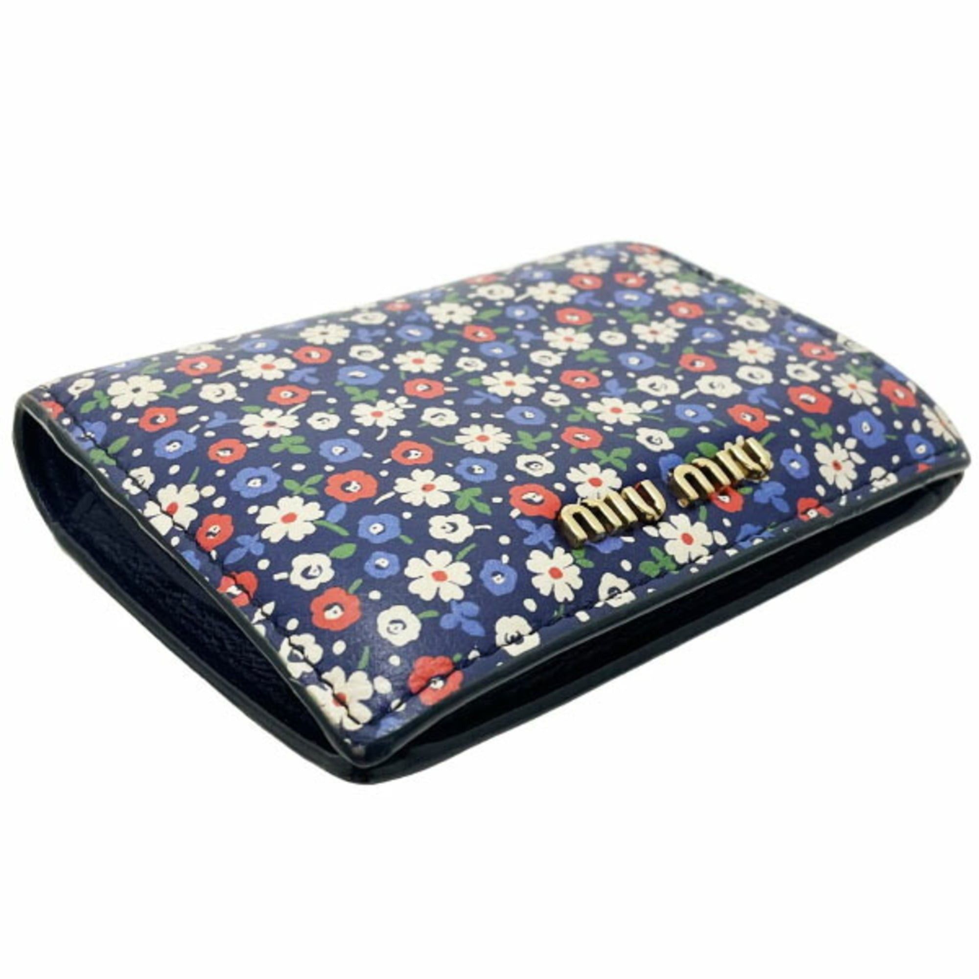 Miu Miu Miu Miu Miu Floral Bifold Wallet in Leather with Glitter and Multicolored Navy Blue (5MV204) MIU Compact MAN-16423 Size ONE SIZE - 5 Thumbnail