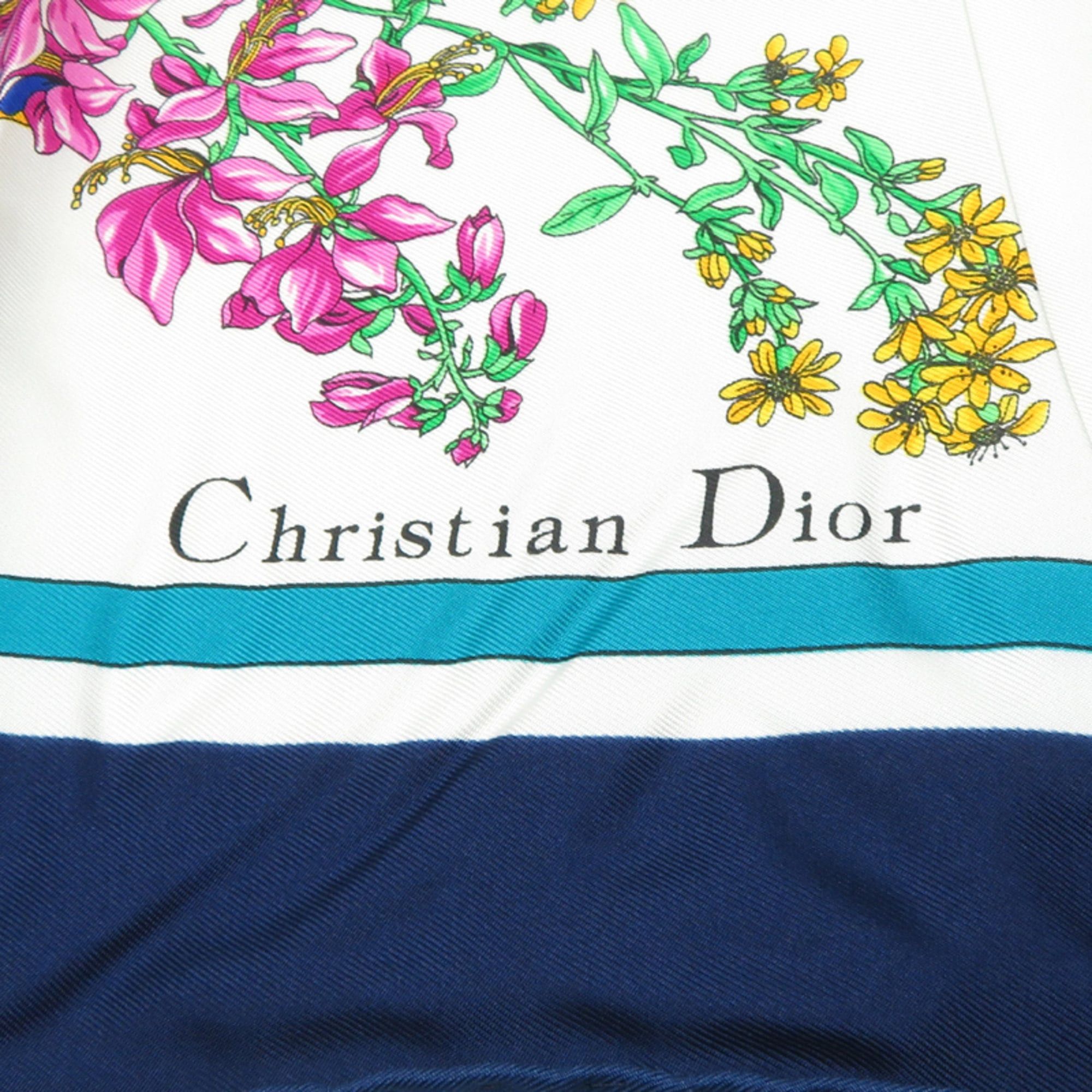 Dior Christian Dior White and Navy Floral Print Silk Scarf/Muffler for Women, Size ONE SIZE - 7 Thumbnail