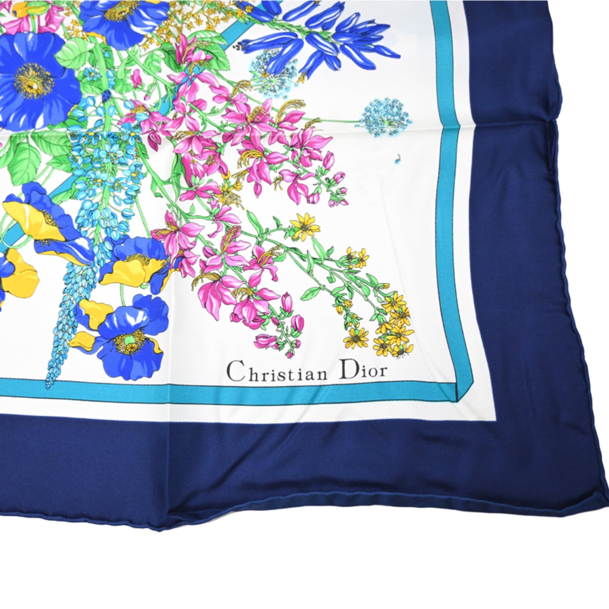 Dior Christian Dior White and Navy Floral Print Silk Scarf/Muffler for Women, Size ONE SIZE - 5 Thumbnail