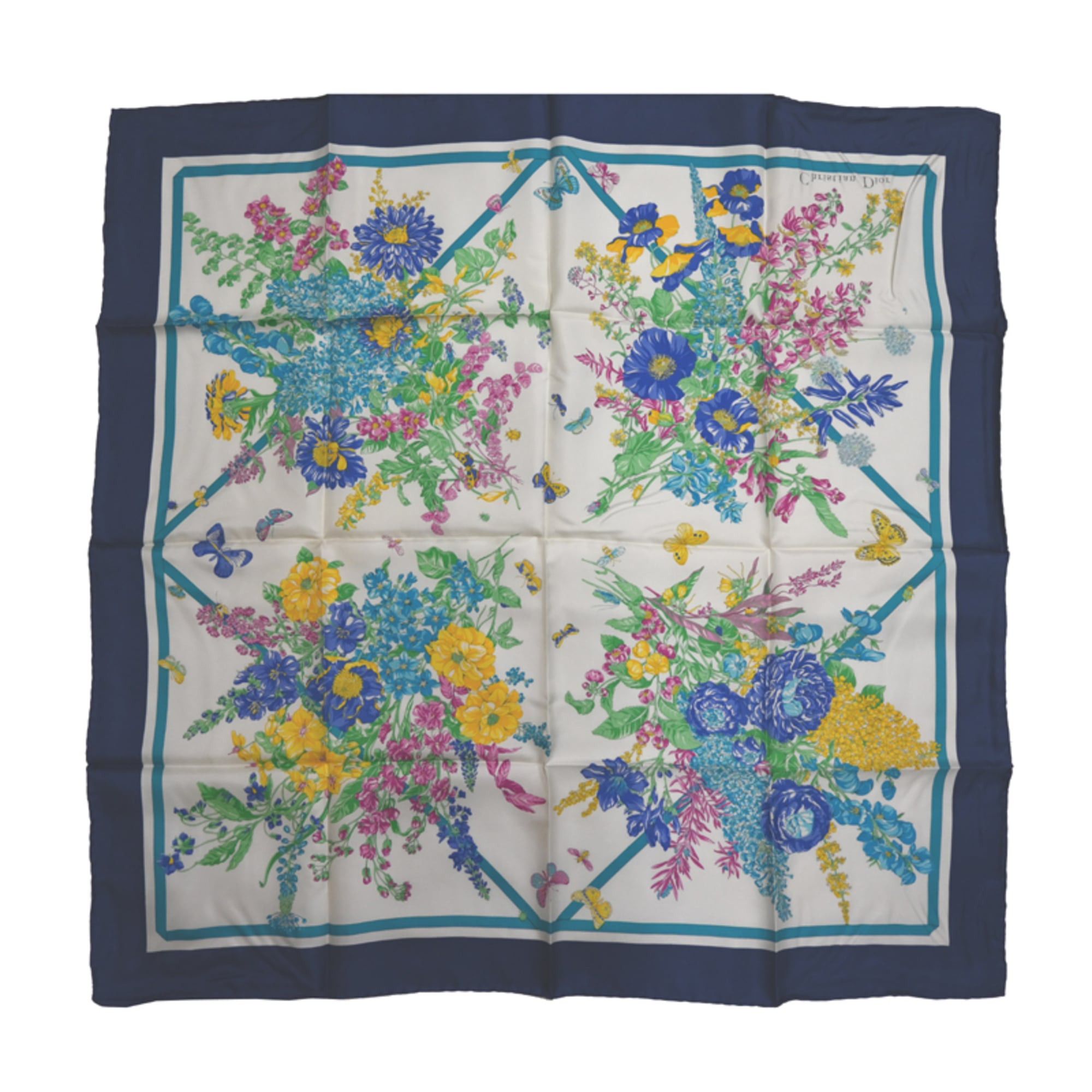 Dior Christian Dior White and Navy Floral Print Silk Scarf/Muffler for Women, Size ONE SIZE - 2 Thumbnail