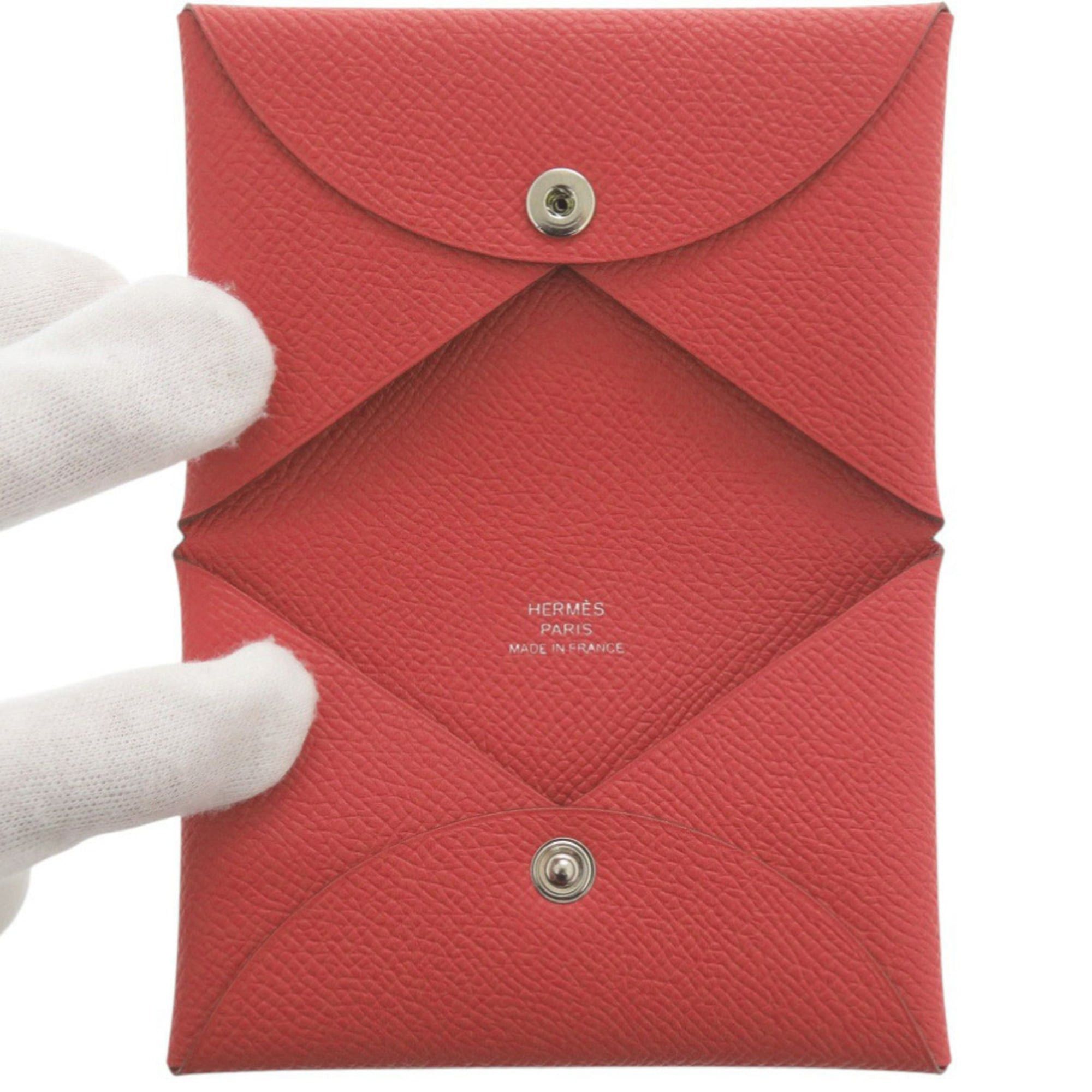 Hermes Like new Hermès Calvi Duo Epsom leather, Rouge Tomato, silver hardware, X stamp (2016), business card holder/card case, wallet, red, 0565HERMES Size ONE SIZE - 4 Thumbnail