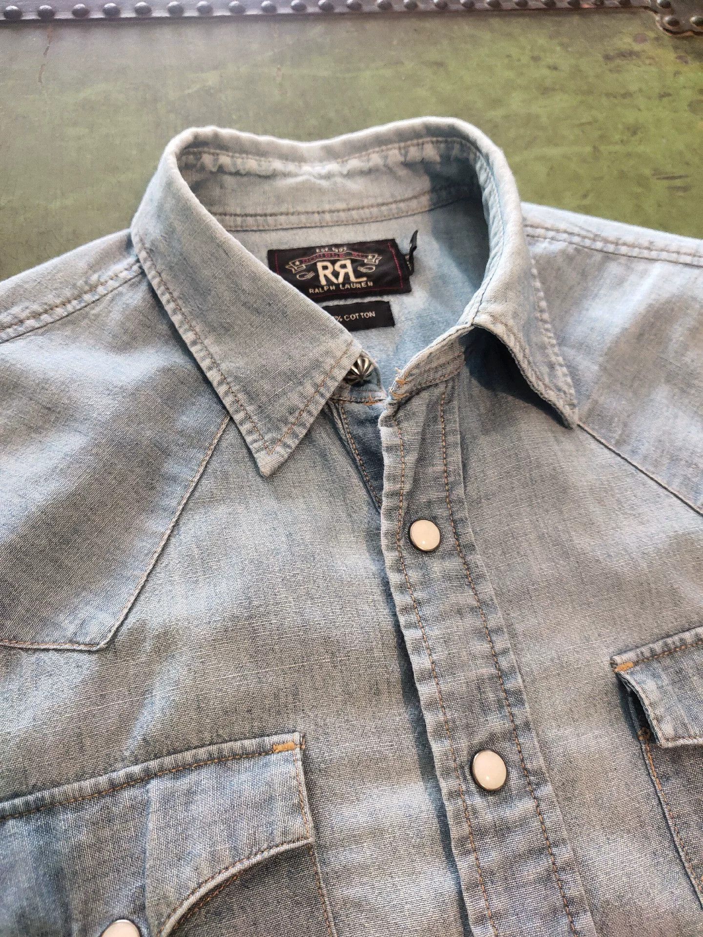 RRL Ralph Lauren RRL Western Light Blue Washed Distressed Shirt Size US XL / EU 56 / 4 - 3 Thumbnail