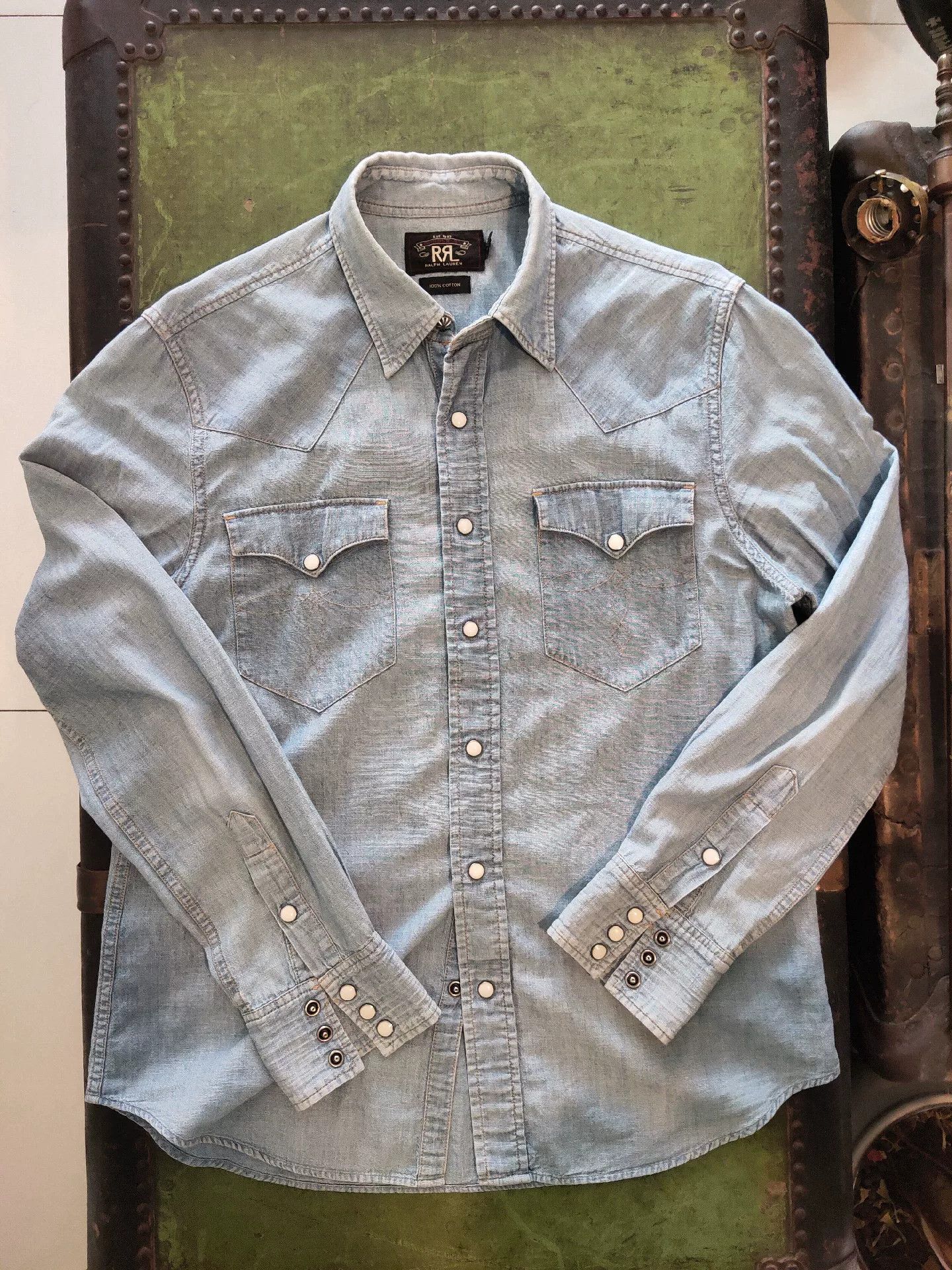 RRL Ralph Lauren RRL Western Light Blue Washed Distressed Shirt Size US XL / EU 56 / 4 - 2 Thumbnail