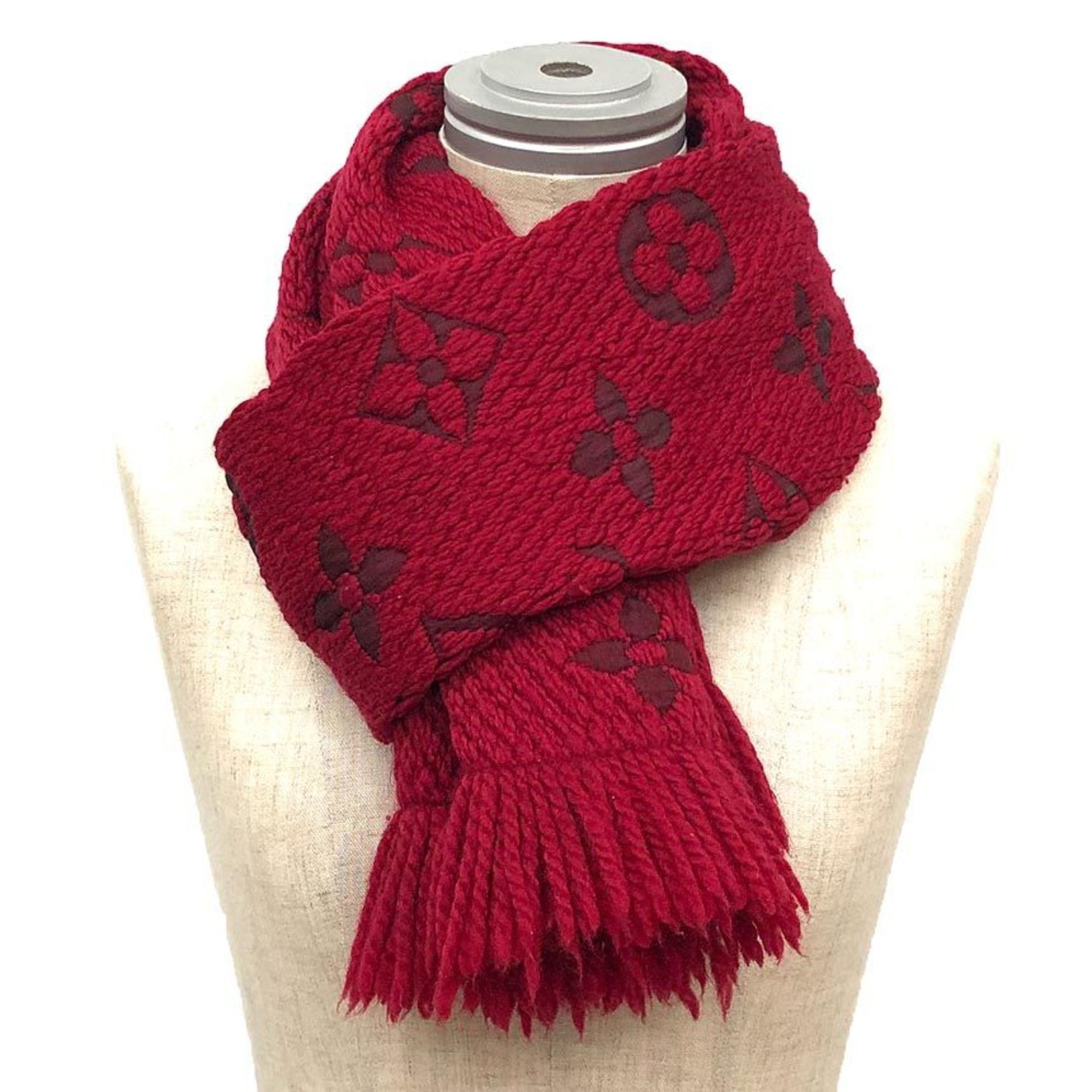 Louis Vuitton LOUIS VUITTON Echarpe Mania 413287 Rouge Red Scarf Wool and Silk Monogram Size ONE SIZE - 2 Thumbnail