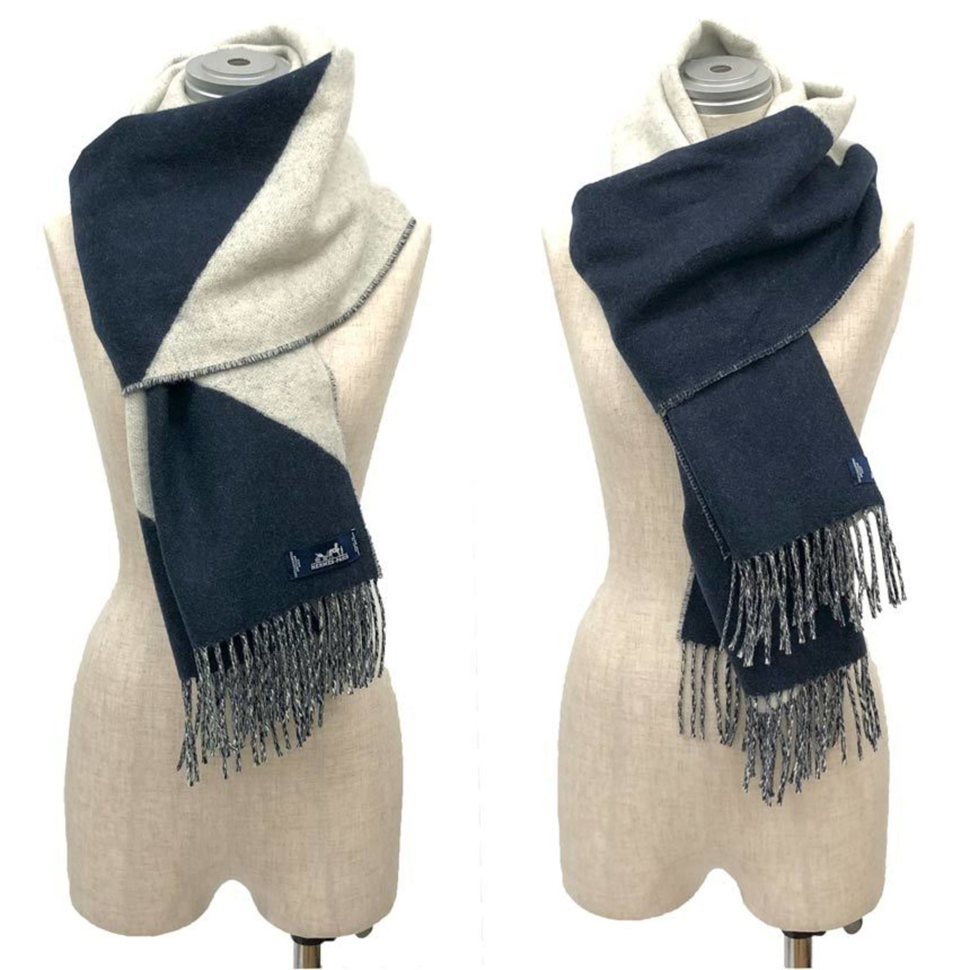 Hermes HERMES Cashmere Scarf, Kazak, Two-Tone Stole/Shawl, Light Gray and Navy, for Men Women Size ONE SIZE - 2 Thumbnail