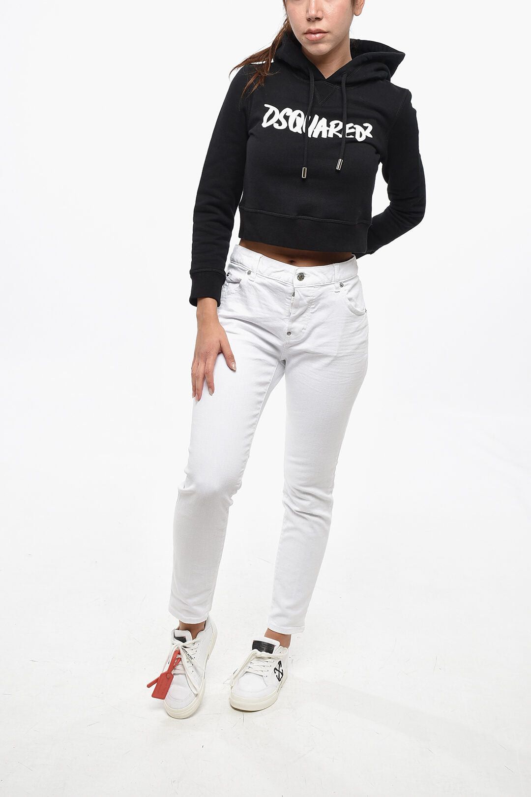 Dsquared2 Cropped Cotton Fleece Hoodie with Contrasting Logo Size S / US 4 / IT 40 - 4 Thumbnail