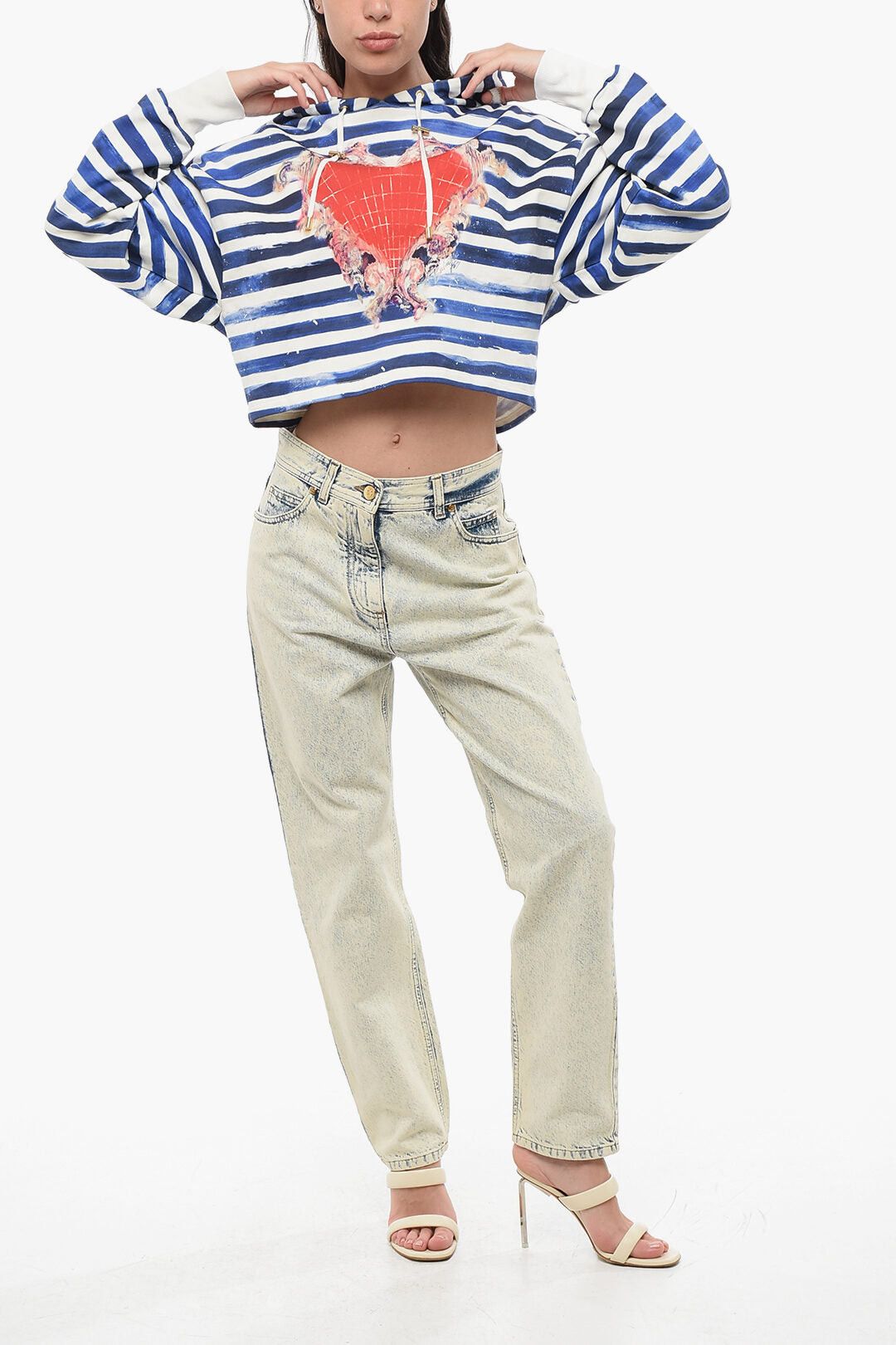 Balmain Two-Tone Striped Cropped Hoodie with Heart Print Size S / US 4 / IT 40 - 4 Thumbnail