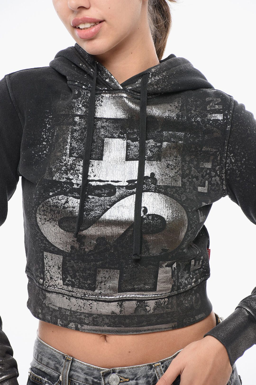Diesel Hoodie Cropped Fit F-SLIMMY-P6 with Metallic Effect Print Size XS / US 0-2 / IT 36-38 - 3 Thumbnail