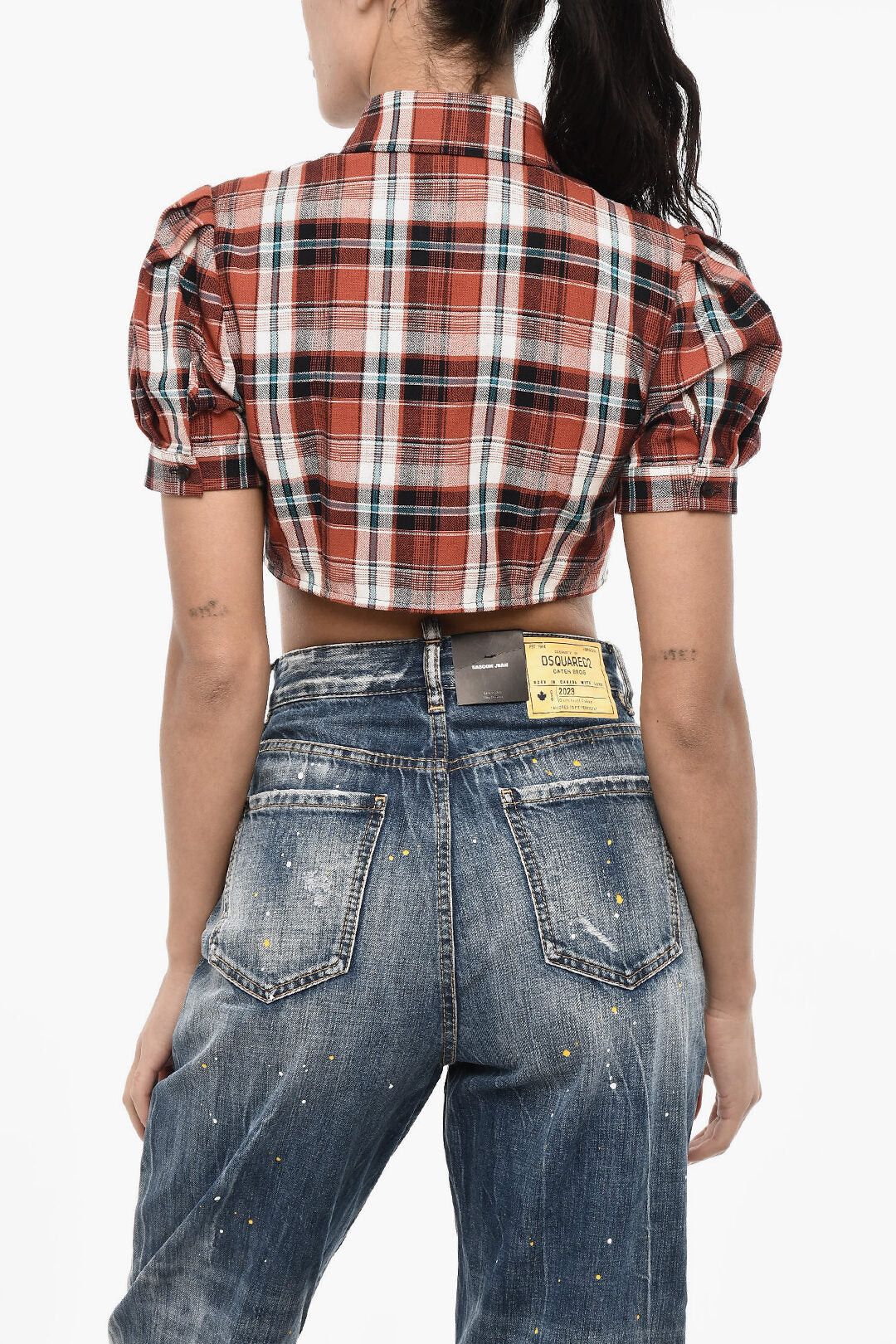 Dsquared2 Checked Crop Blouse with Leather Logo Size M / US 6-8 / IT 42-44 - 2 Thumbnail