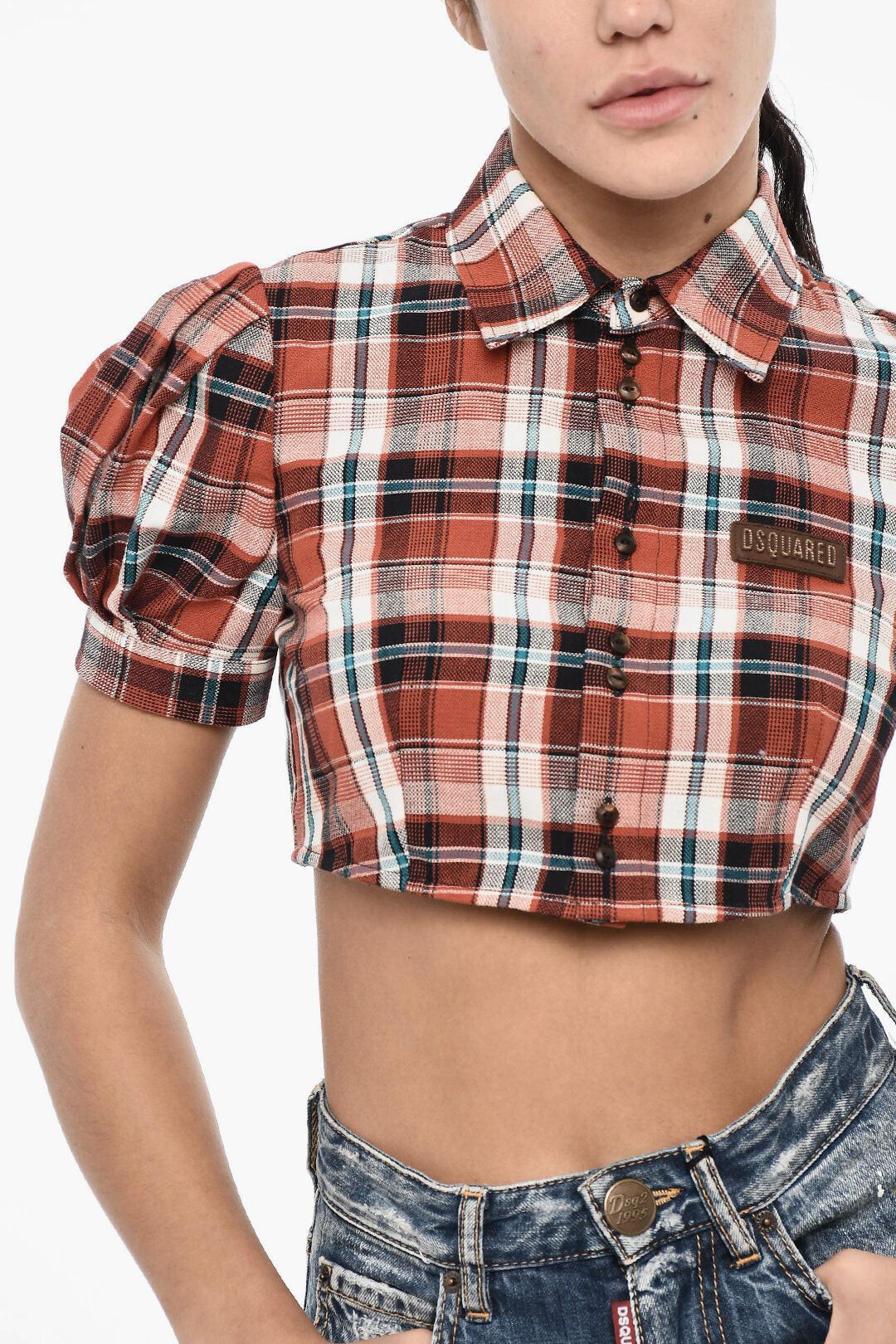 Dsquared2 Checked Crop Blouse with Leather Logo Size XS / US 0-2 / IT 36-38 - 3 Thumbnail