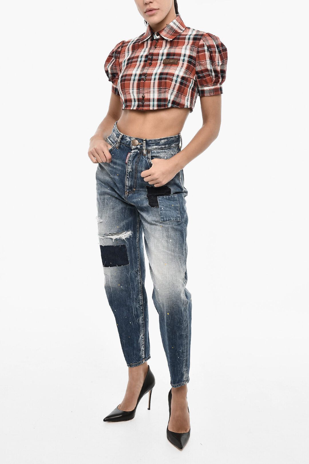 Dsquared2 Checked Crop Blouse with Leather Logo Size S / US 4 / IT 40 - 4 Thumbnail