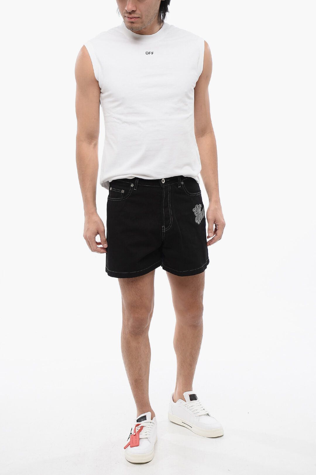 Off-White Dark-Wash Shorts with Logo Embroidery Size US 31 - 4 Thumbnail