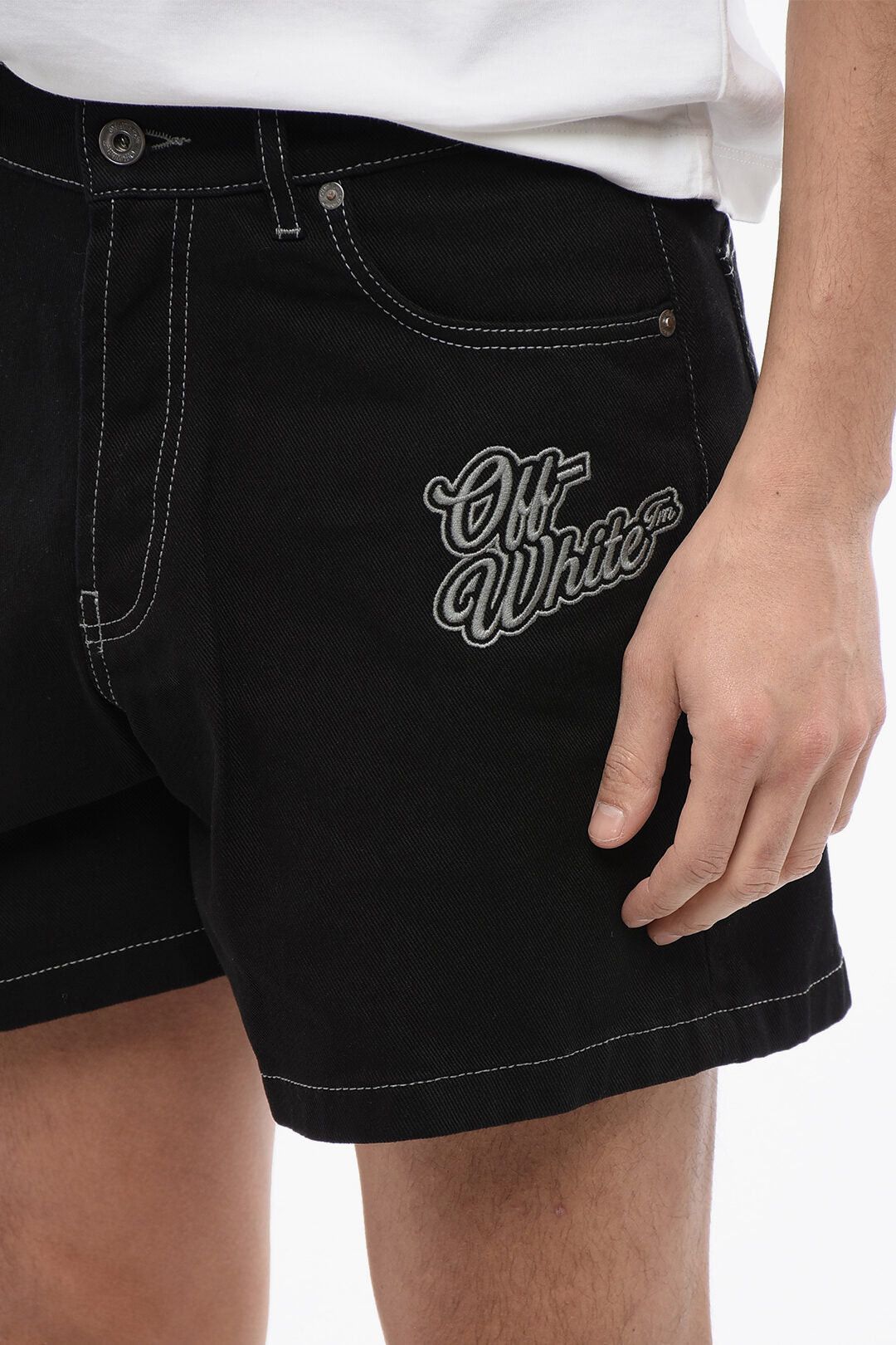 Off-White Dark-Wash Shorts with Logo Embroidery Size US 31 - 3 Thumbnail