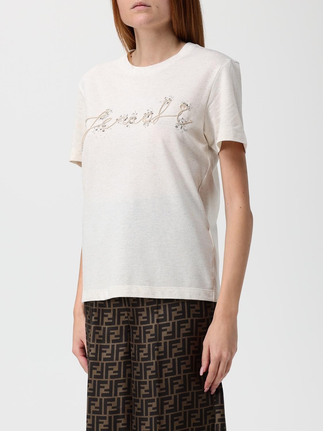 Fendi Fendi T-Shirt Woman Beige Size L / US 10 / IT 46 - 4 Thumbnail