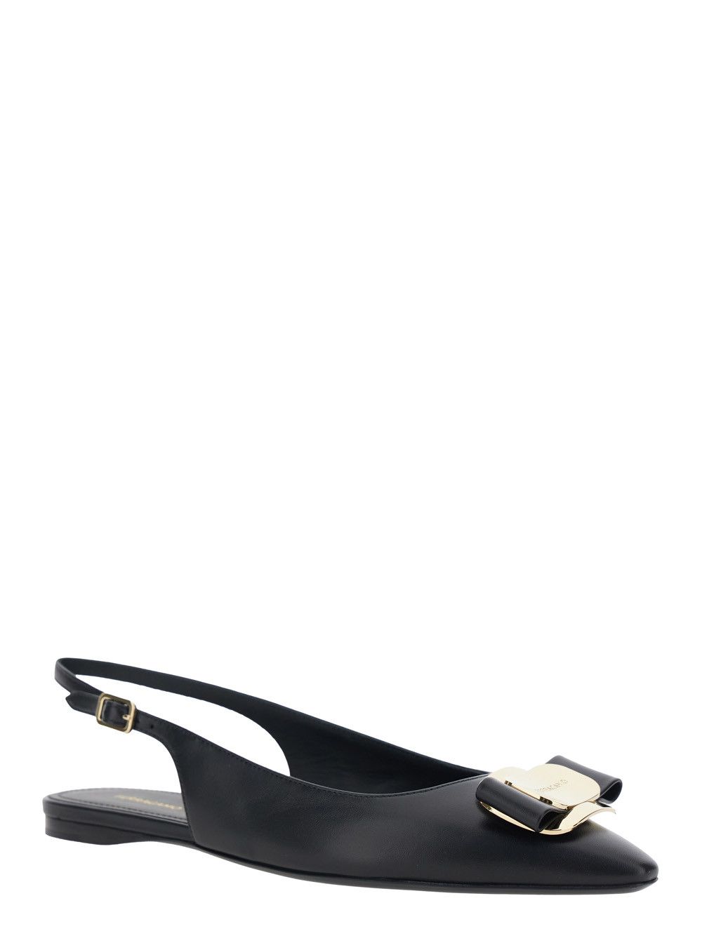 Salvatore Ferragamo 'Zelmi' Black Slingback Ballet Shoes with Logo Plate on the Front in Leather Woman Size US 9.5 / IT 39.5 - 2 Thumbnail