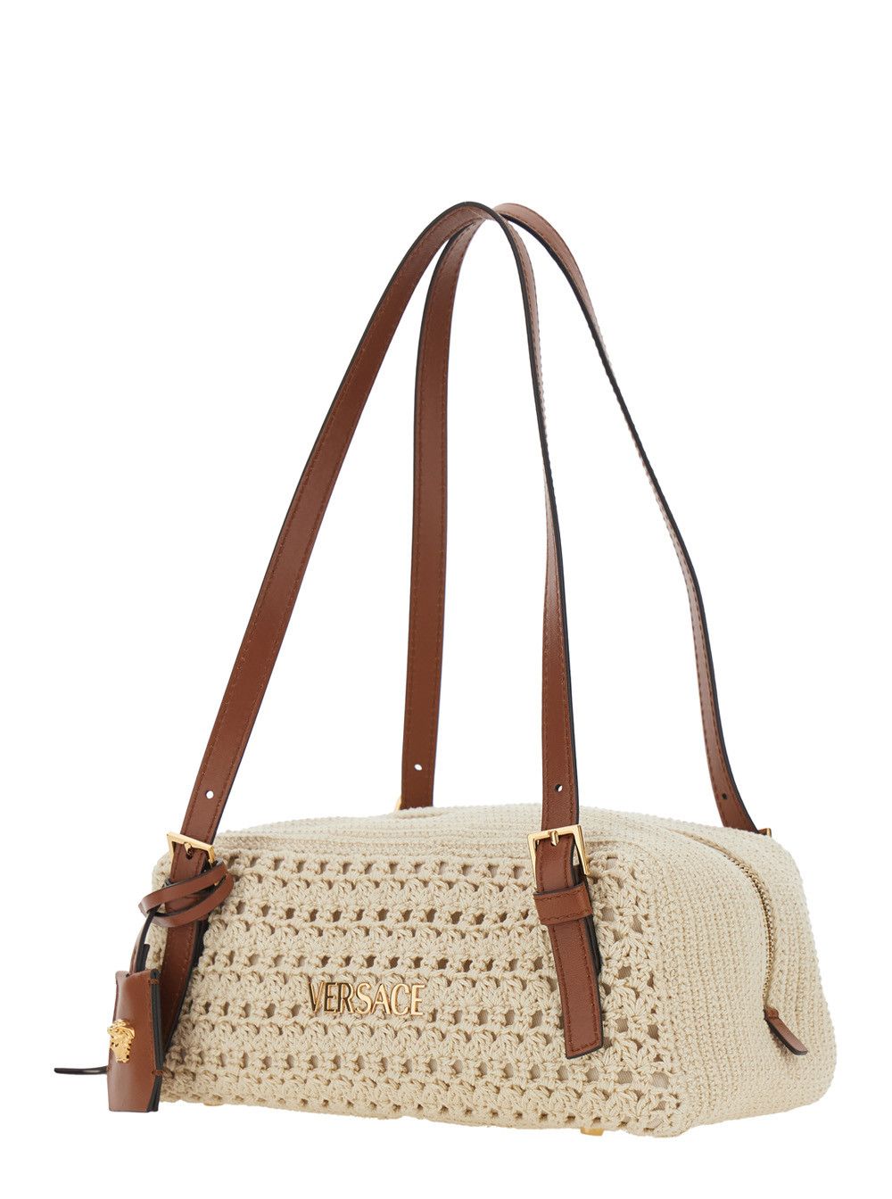 Versace Beige Shoulder Bag 'Tag Bowling' with Metallic Lettering Logo and Raffia Medusa Head Pendant for Women Size ONE SIZE - 2 Thumbnail