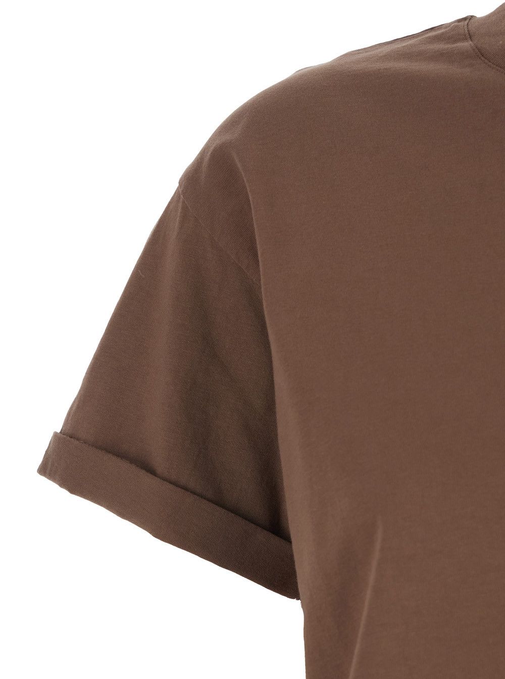 Brown crew neck T-shirt with raised collar and folded sleeves in cotton woman