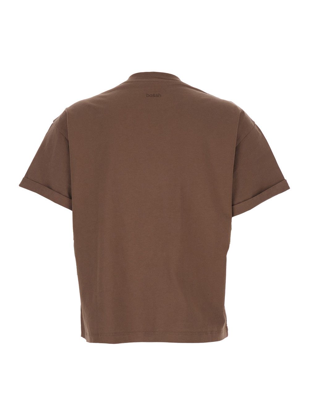 Brown crew neck T-shirt with raised collar and folded sleeves in cotton woman
