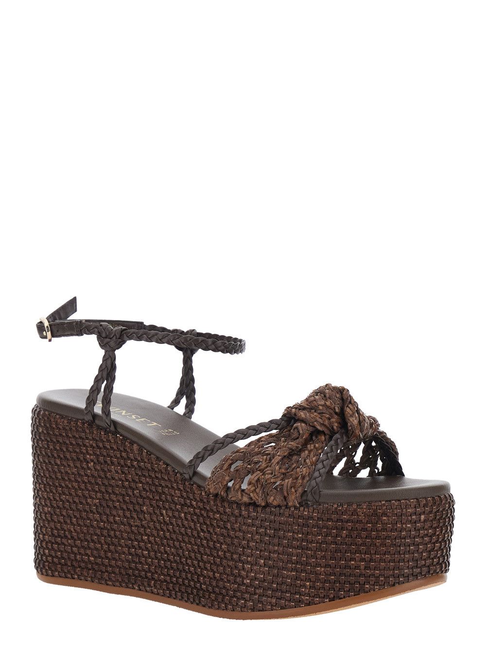 TWINSET Wedges with High Heel and Intreccio Design in Fabric and Leather Brown Women Size US 10 / IT 40 - 2 Thumbnail