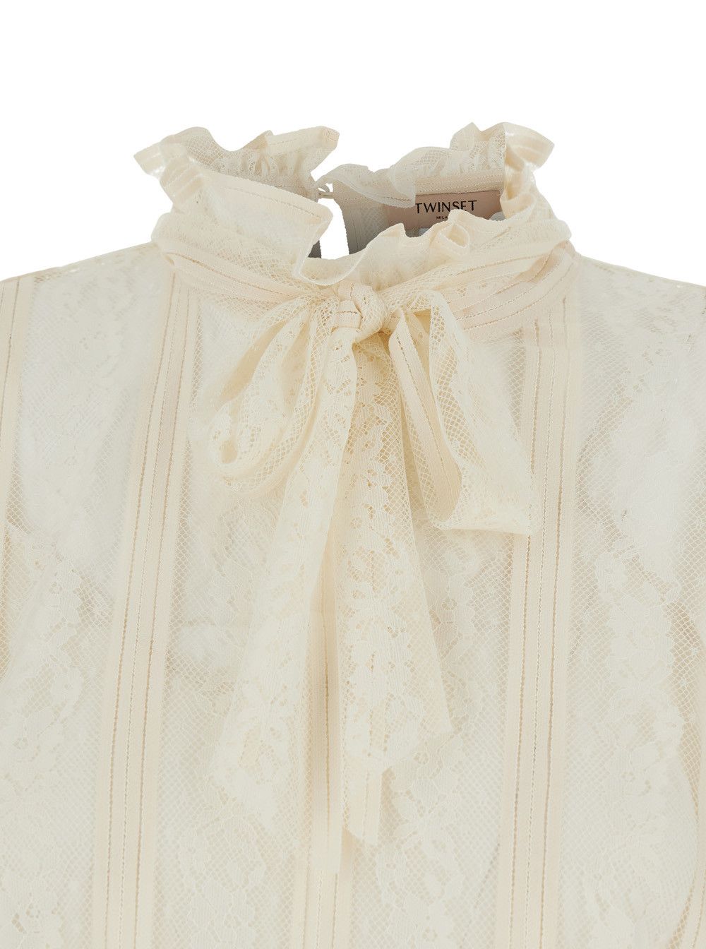 TWINSET White Shirt with Lace Design and Knot at the Neck in Cotton Blend for Women Size M / US 6-8 / IT 42-44 - 3 Thumbnail