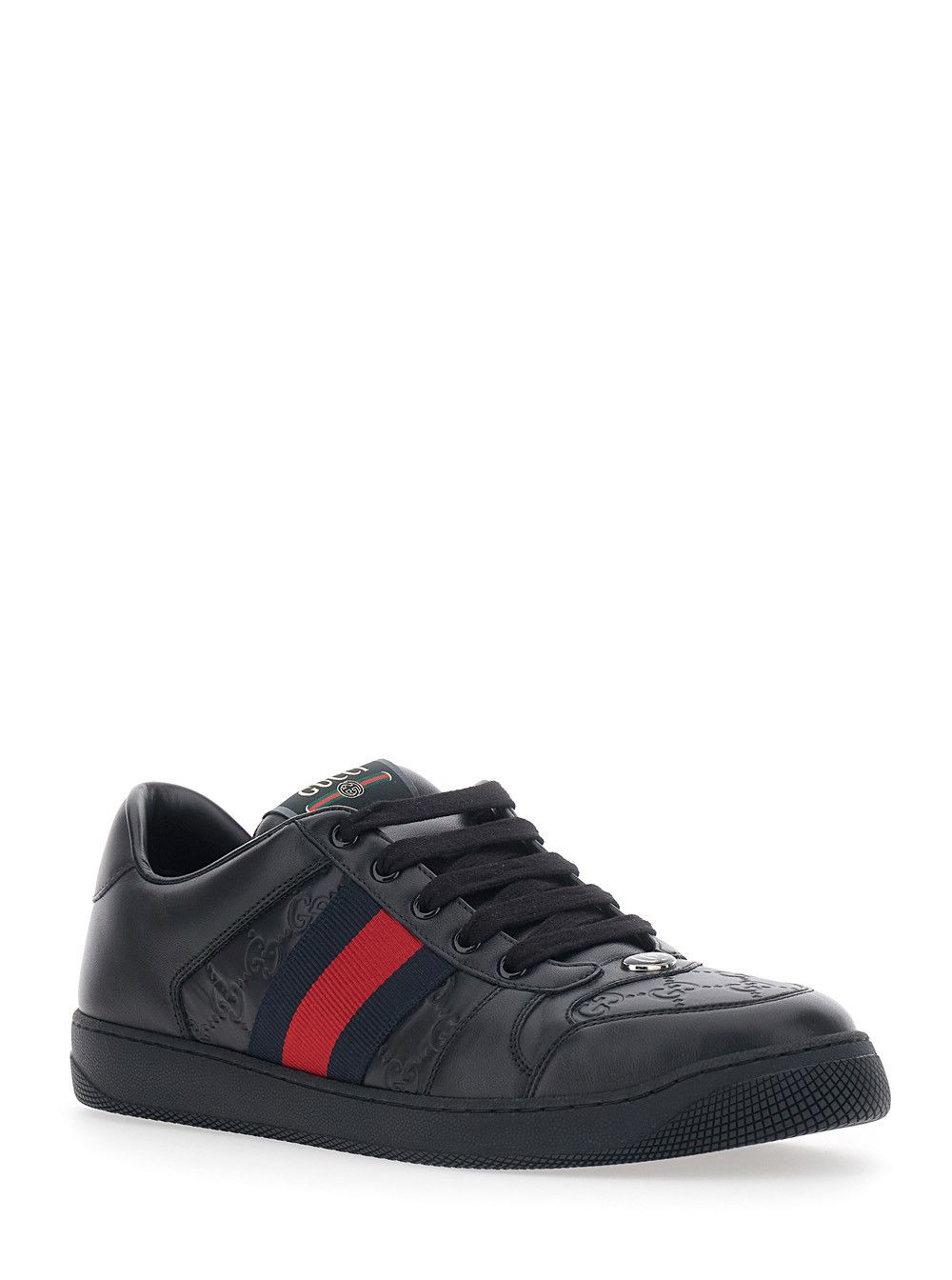 Gucci Black Sneaker 'Screener' Low Top with Web Detail on the Side and GG Embossed Motif in Leather for Men Size US 13 / EU 46 - 2 Thumbnail