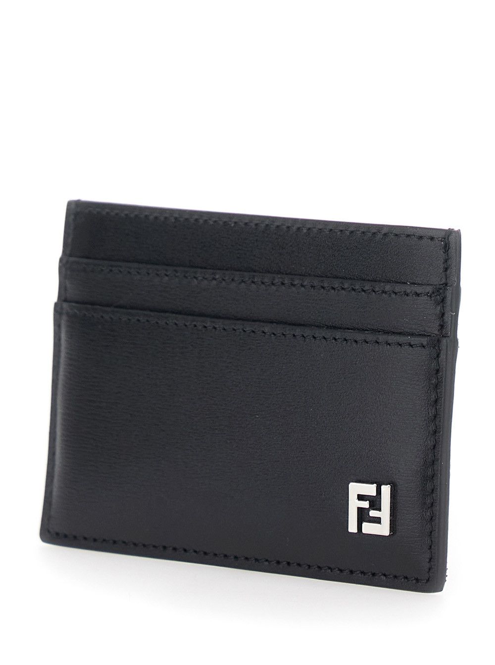 Black Card Case with FF Logo Plaque on the Front in Leather Man