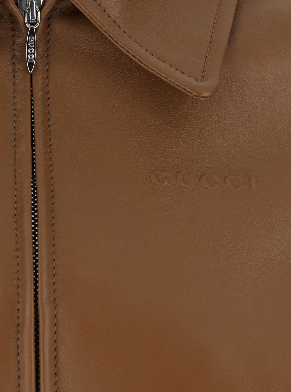 Gucci Brown Leather Crop Jacket with Classic Collar and Tone-on-Tone Lettering Logo on the Front for Women Size M / US 6-8 / IT 42-44 - 3 Thumbnail
