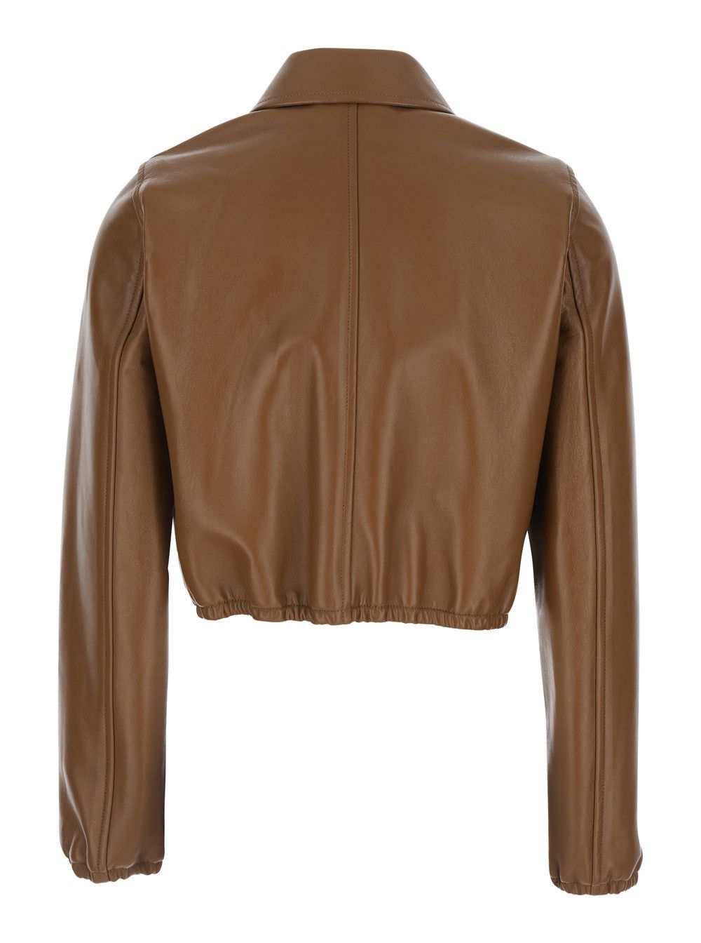 Gucci Brown Leather Crop Jacket with Classic Collar and Tone-on-Tone Lettering Logo on the Front for Women Size M / US 6-8 / IT 42-44 - 2 Thumbnail
