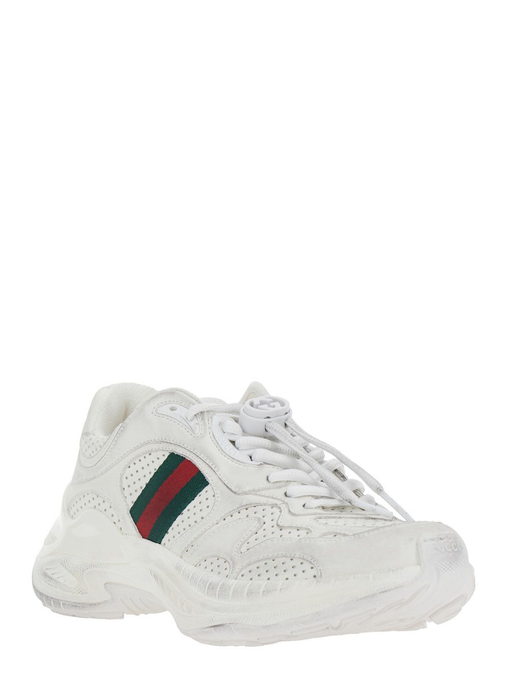 Gucci White Low Top Sneaker with Perforated Design and Web Detail on the Side in Leather for Women Size US 11 / IT 41 - 2 Thumbnail