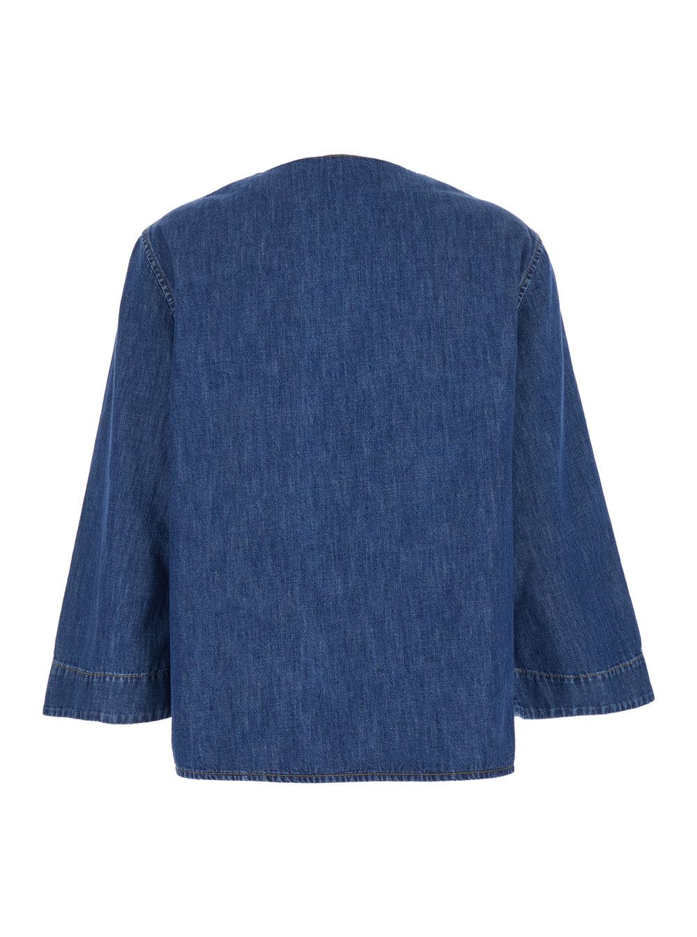 Valentino V-Neck Blouse with VLogo Plaque on the Front in Blue Cotton for Women Size M / US 6-8 / IT 42-44 - 2 Thumbnail