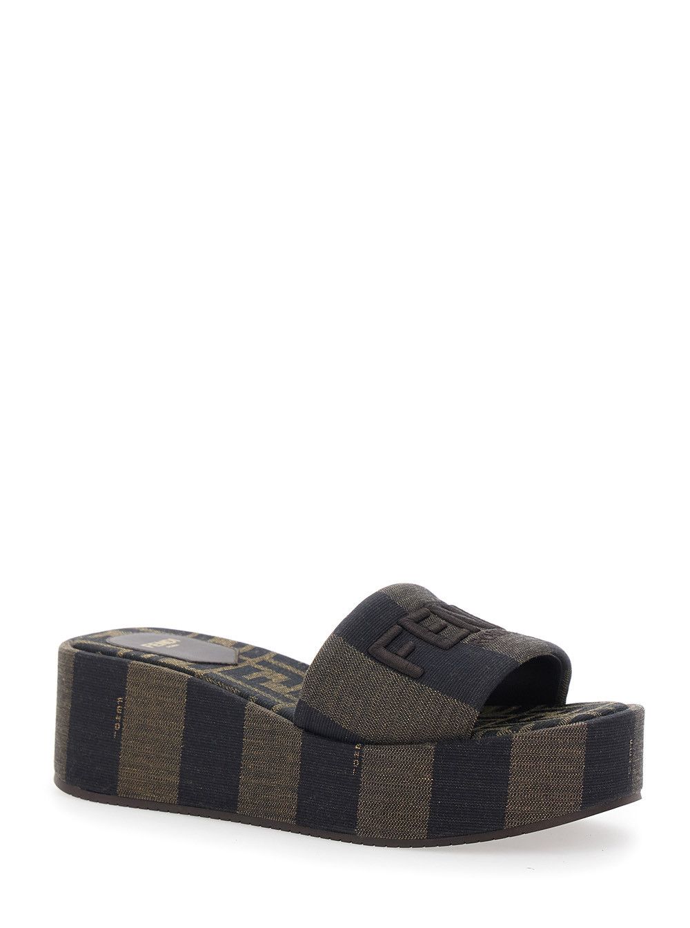 Fendi Brown Wedges with Logo Lettering on the Strap and FF All-Over Motif in Cotton for Women Size US 6 / IT 36 - 2 Thumbnail