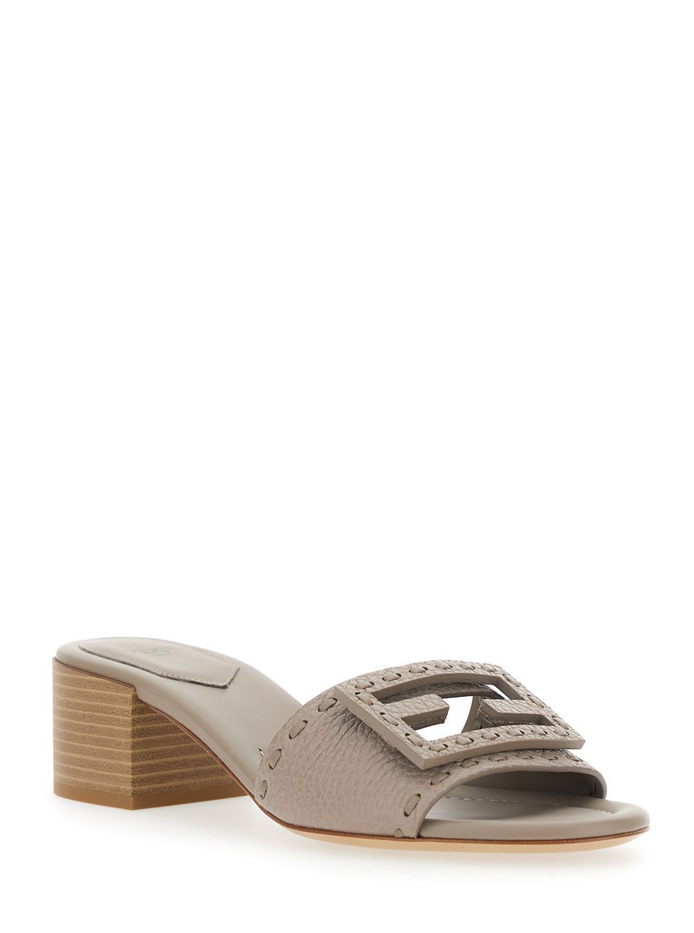 Fendi Beige Medium Block Heel Sandals with Wide Strap and FF Cut-Out in Leather for Women Size US 7.5 / IT 37.5 - 2 Thumbnail