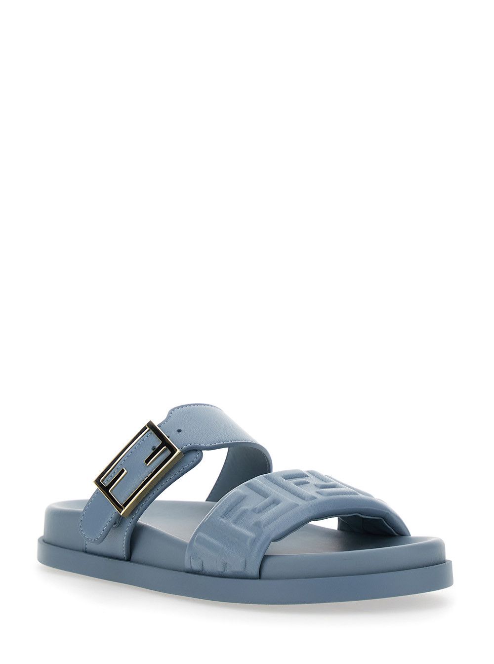 Fendi ‘Feel’ Light Blue Sandals with Metallic FF Plaque and Embroidered Logo on Front in Leather Woman Size US 8.5 / IT 38.5 - 2 Thumbnail