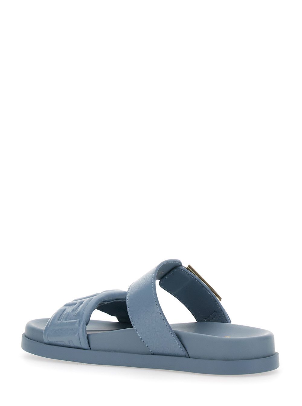 Fendi ‘Feel’ Light Blue Sandals with Metallic FF Plaque and Embroidered Logo on Front in Leather Woman Size US 8.5 / IT 38.5 - 3 Thumbnail