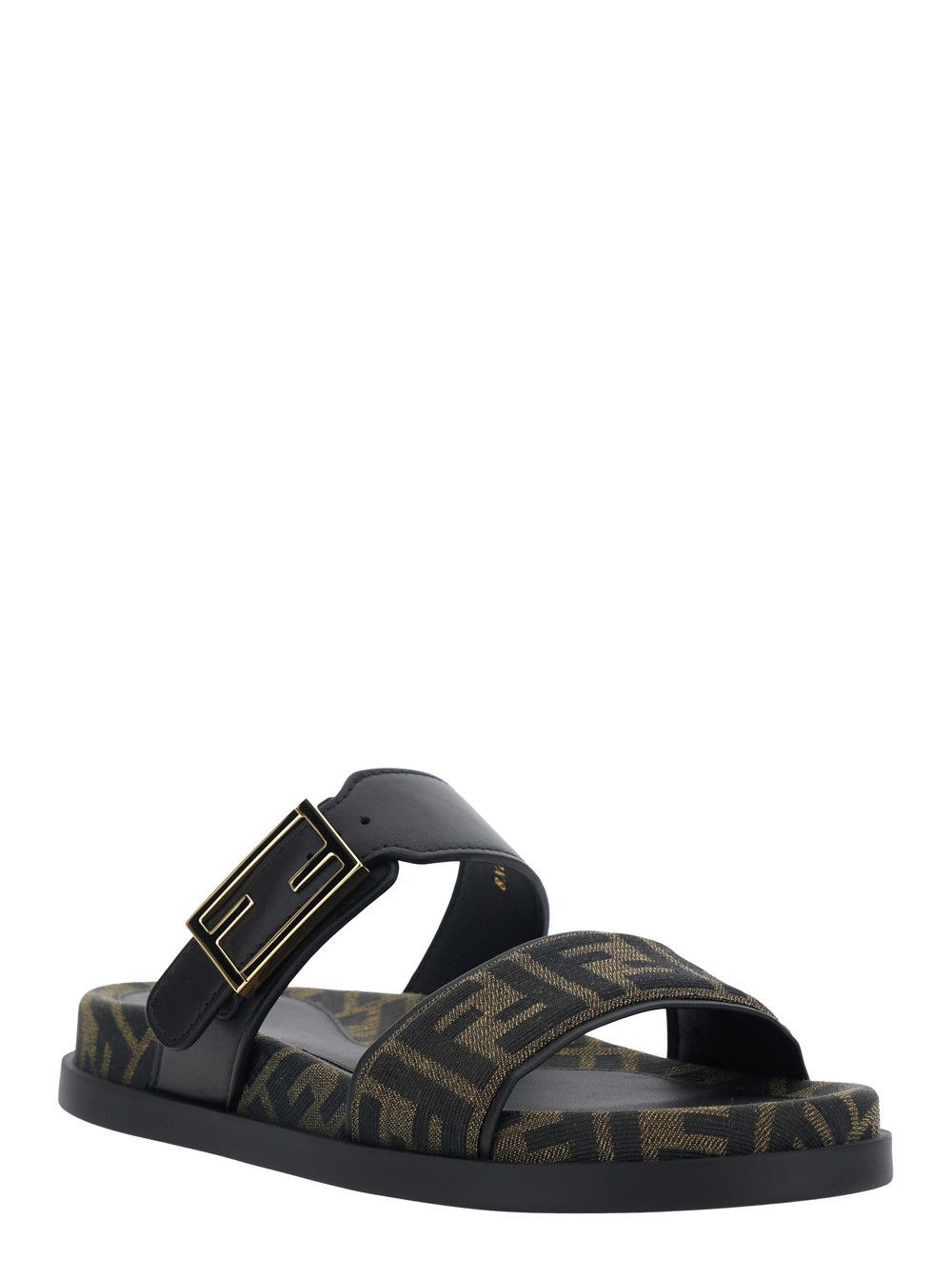 Fendi 'Feel' Black Sandals with Metallic FF Plate and Embroidered Logo on the Front in FF Jacquard Fabric and Leather Woman Size US 8 / IT 38 - 2 Thumbnail