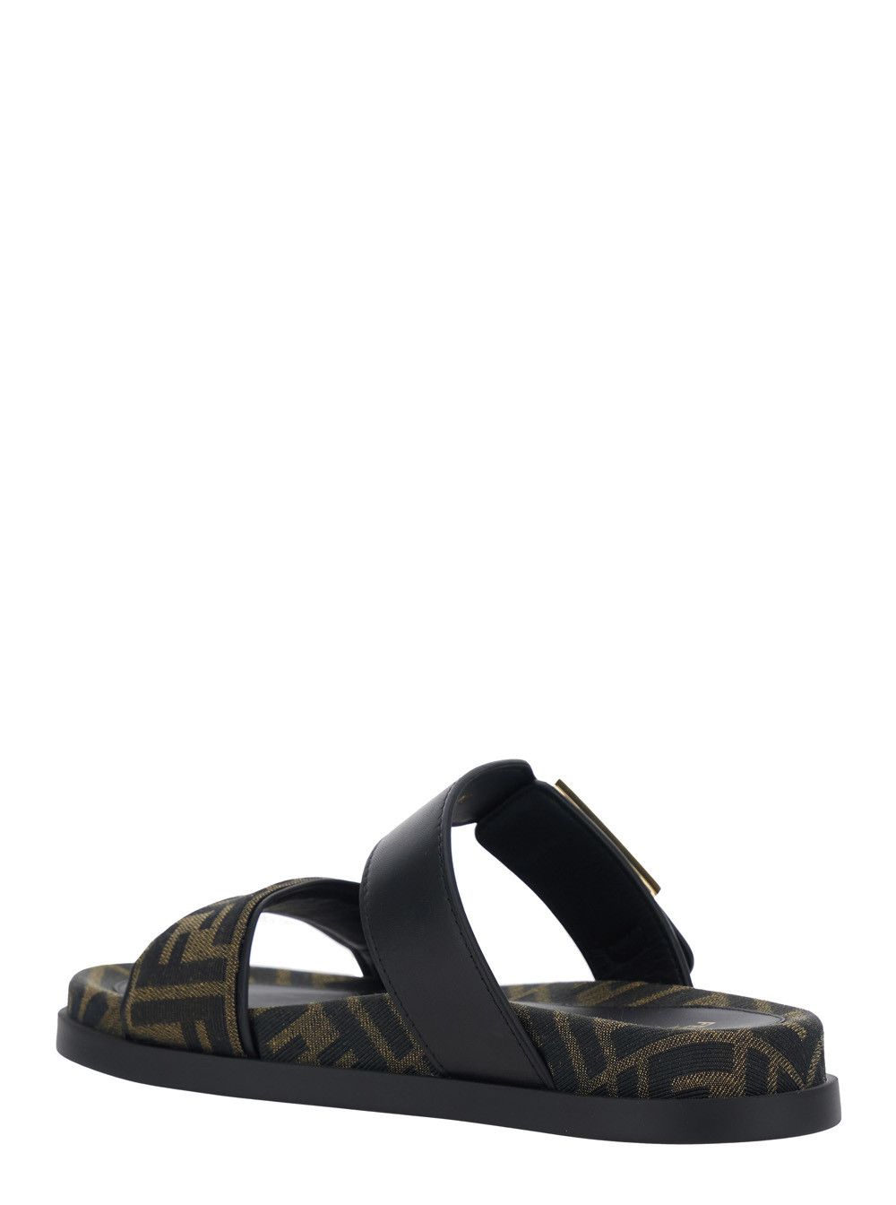 Fendi 'Feel' Black Sandals with Metallic FF Plate and Embroidered Logo on the Front in FF Jacquard Fabric and Leather Woman Size US 11 / IT 41 - 3 Thumbnail