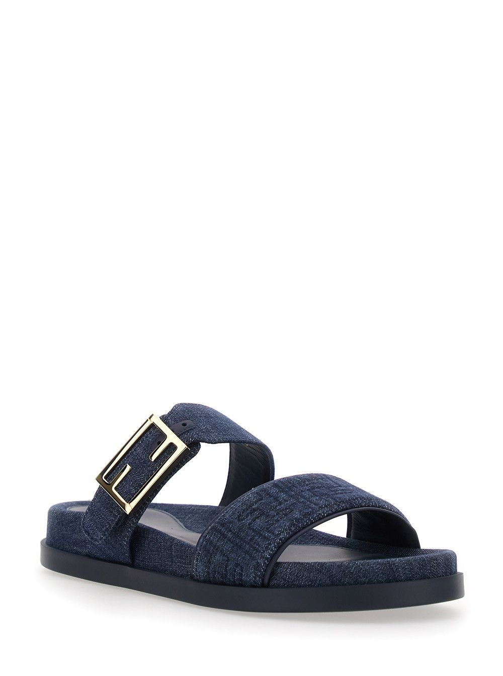 Fendi Blue 'Feel' Sandals with Metallic FF Plate and Embroidered Logo on Front in Leather for Women Size US 11 / IT 41 - 2 Thumbnail