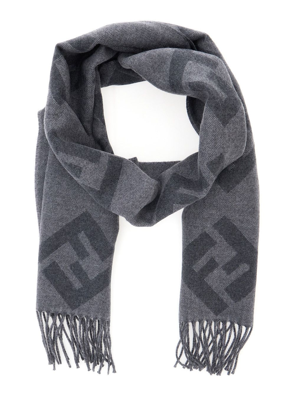 Fendi Grey Fringed Edge Scarf with All-Over FF Logo in Wool Men Size ONE SIZE - 2 Thumbnail
