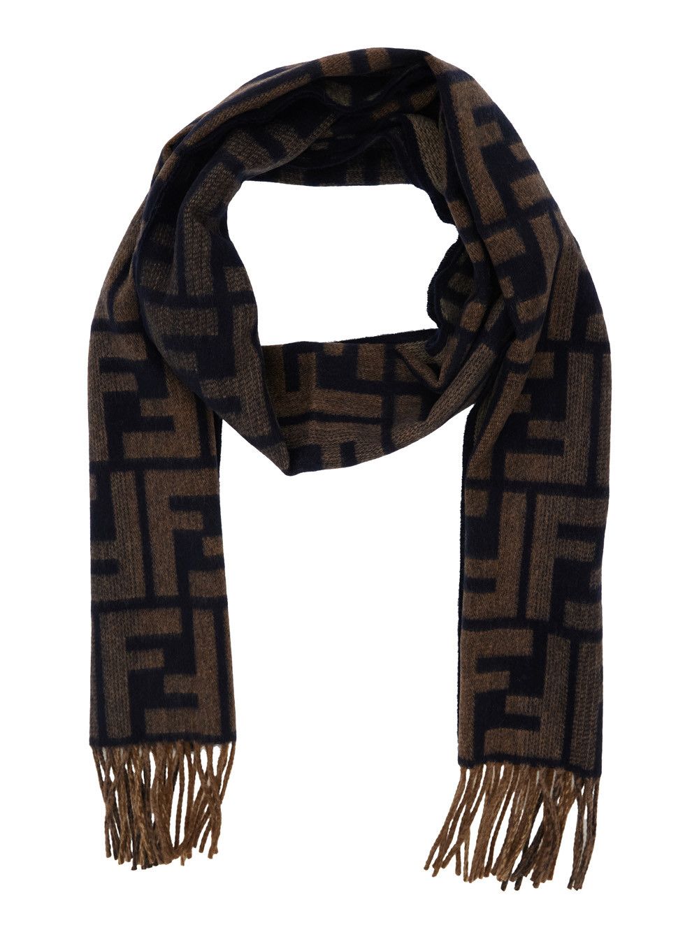 Fendi Brown Scarf with Fringed Hem and All-Over FF Logo in Wool and Cashmere for Men Size ONE SIZE - 2 Thumbnail