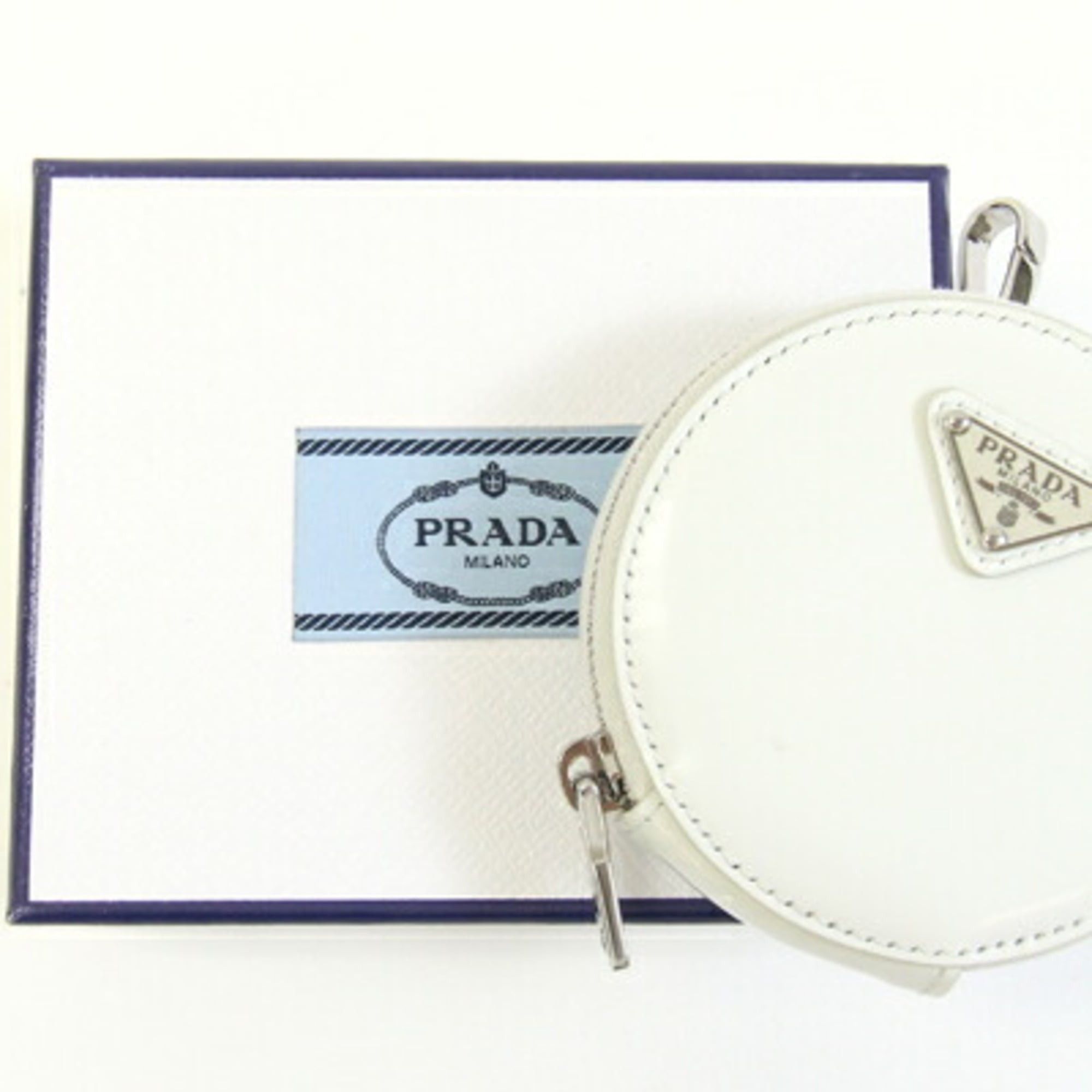 Prada Prada Mini Pouch Wallet/Coin Case 1TL431 White Leather Coin Purse Accessory Bag Charm Round Keychain Triangle Plate PRADA | Handbag Attachment Carabiner Size ONE SIZE - 8 Thumbnail