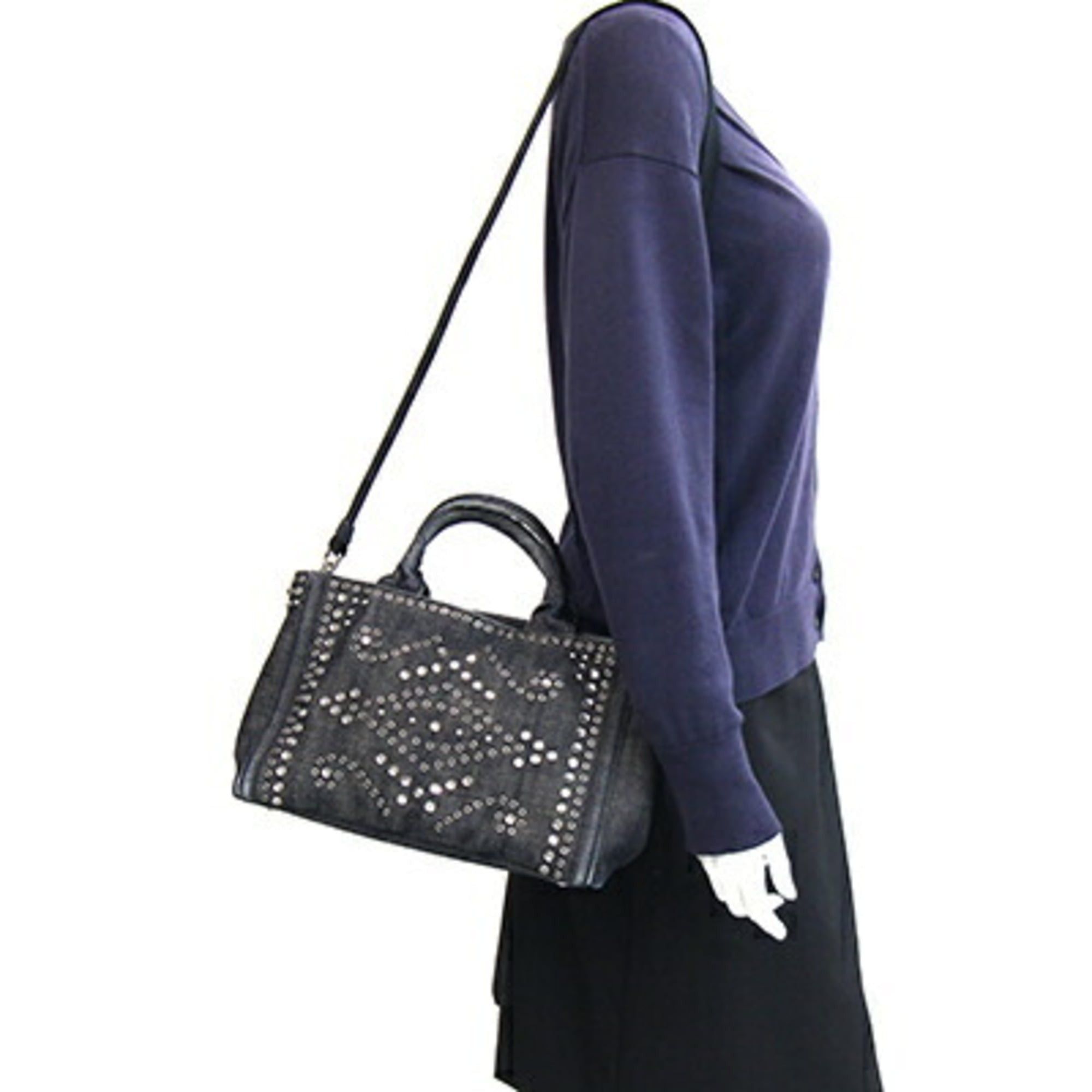 Prada Prada Canapa Handbag BN2439 Navy Denim Shoulder Bag with Beading, Women's PRADA | Handbag, Bag, Tote Size ONE SIZE - 10 Thumbnail