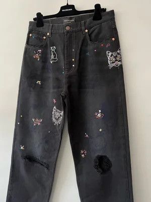 Balenciaga Rhinestone Scribble Baggy Denim Jeans Size US 28 / EU 44 - 2 Thumbnail