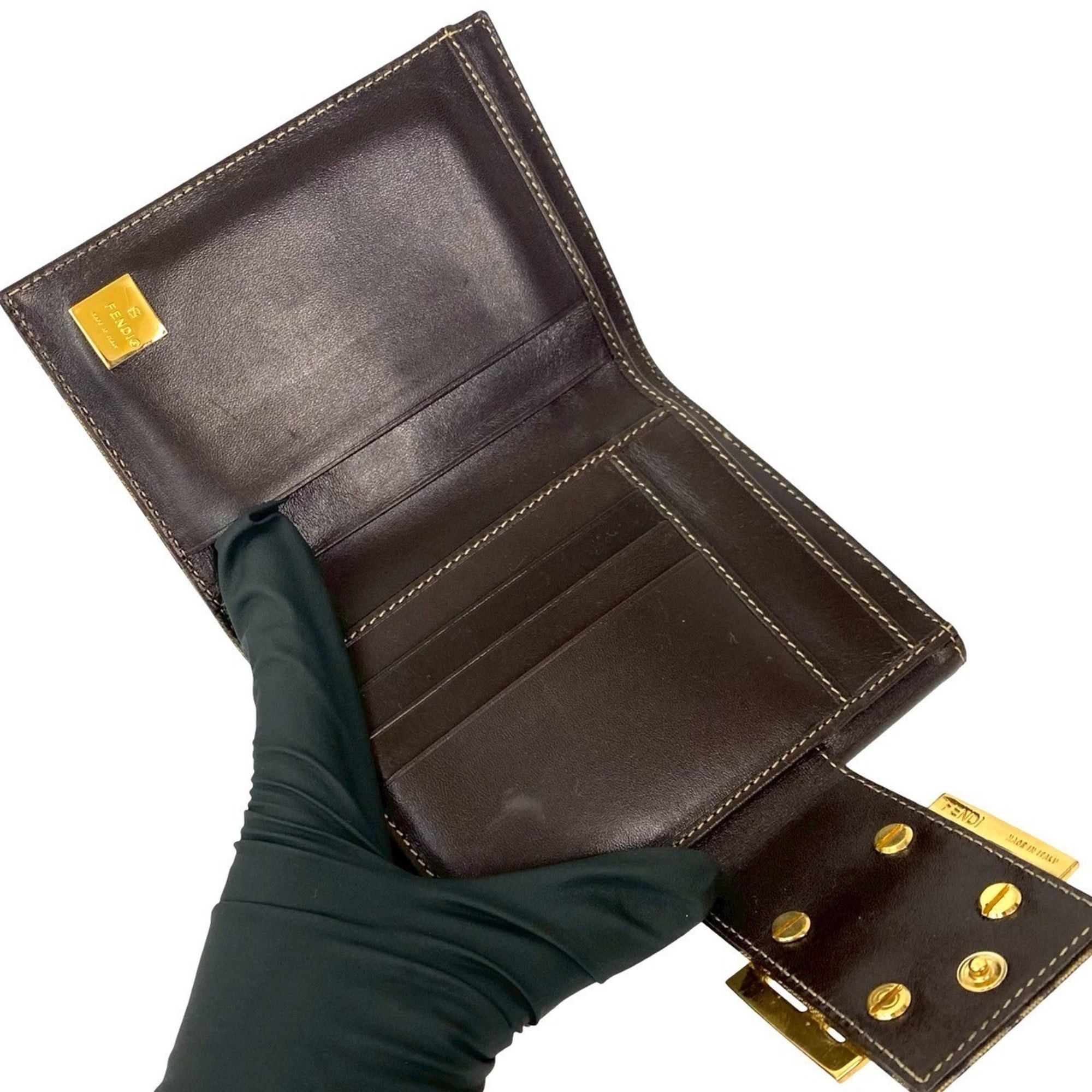 Fendi FENDI Zucchino FF logo leather patent enamel bifold wallet with double snap closure, brown, 37343 Size ONE SIZE - 7 Thumbnail
